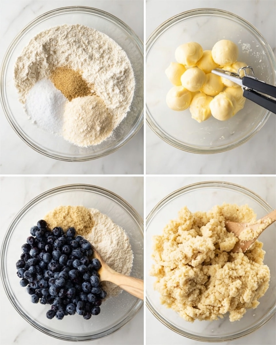 The image shows four steps of a baking process in clear glass bowls placed on a white marbled surface. The first bowl contains piles of white flour, white powder, light brown sugar, and a yellow spice, all separate in the bowl. The second bowl shows the white flour mixture with five creamy yellow balls of butter being mixed with a silver fork. The third bowl displays a crumbly dough with a light sandy color and a metal pastry cutter with two black handles pressing into the dough. The last bowl has a thick dough with a pale yellow tone mixed with a bunch of fresh dark blueberries being stirred with a wooden spoon; the blueberries sit on top and are partially mixed in. photo taken with an iphone --ar 4:5 --v 7