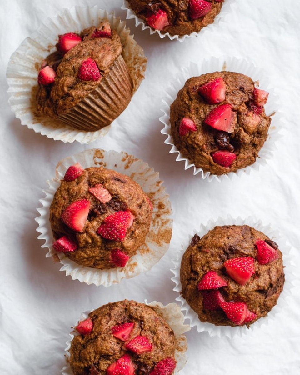 The image shows six muffins with a rough, slightly bumpy texture, each topped and mixed with small pieces of bright red strawberries. The muffins have a brown color with darker spots, likely from chocolate or other ingredients. Each muffin sits in a white, crinkled paper liner, arranged on a white marbled surface. One muffin in the middle has its paper liner pulled back a bit, emphasizing the shape and texture of the muffin underneath. The overall look is fresh and homemade. photo taken with an iphone --ar 4:5 --v 7