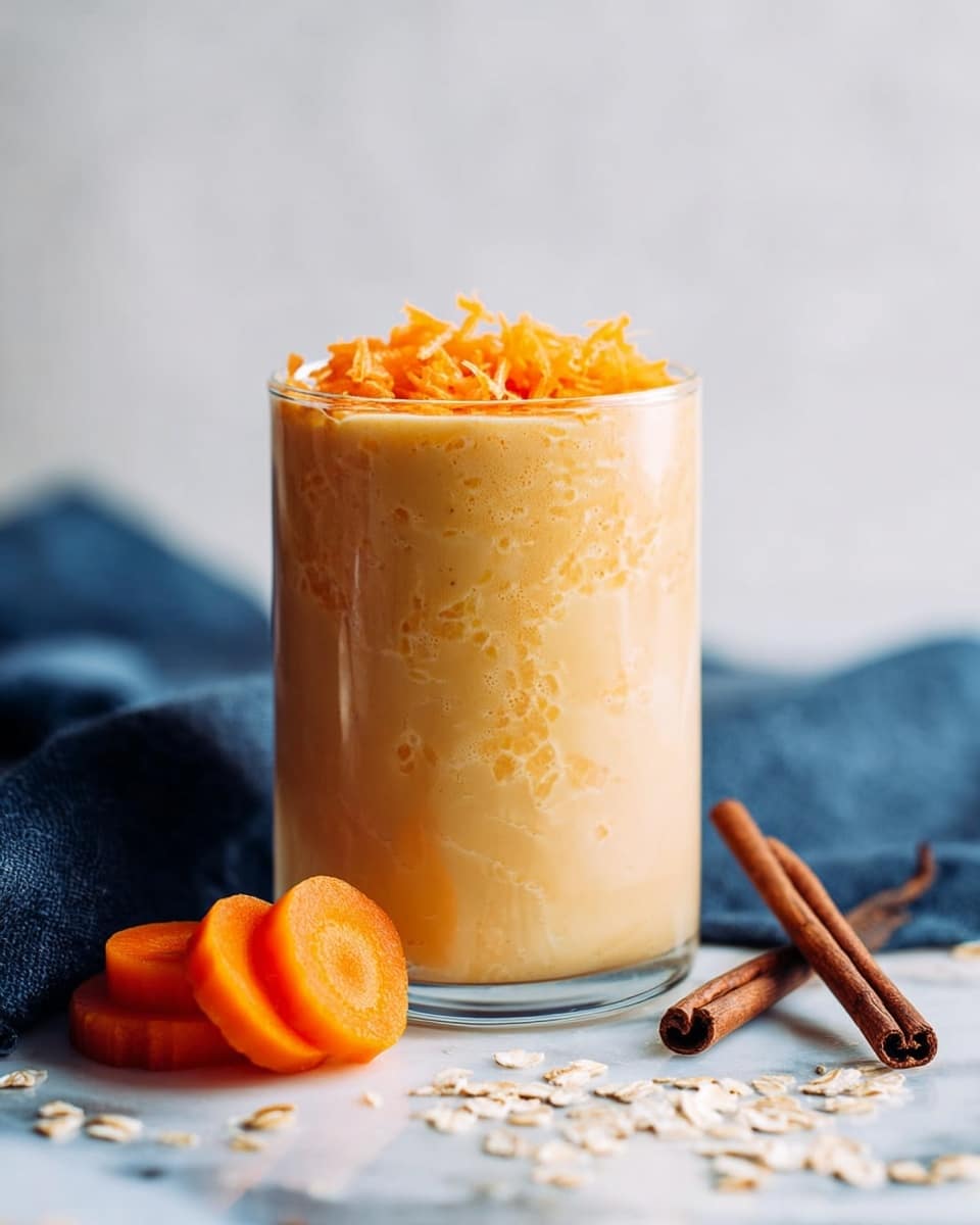 A transparent glass filled with a light orange creamy drink, topped with shredded bright orange carrot pieces. In front of the glass, there are two sliced carrot rounds on a white marbled surface with some scattered oat flakes. To the right, two cinnamon sticks lie on the surface with part of a dark vanilla bean pod. On the left side, a dark blue cloth is slightly visible, adding contrast to the light colors. The overall setting is bright with a soft, blurred white background. Photo taken with an iphone --ar 4:5 --v 7