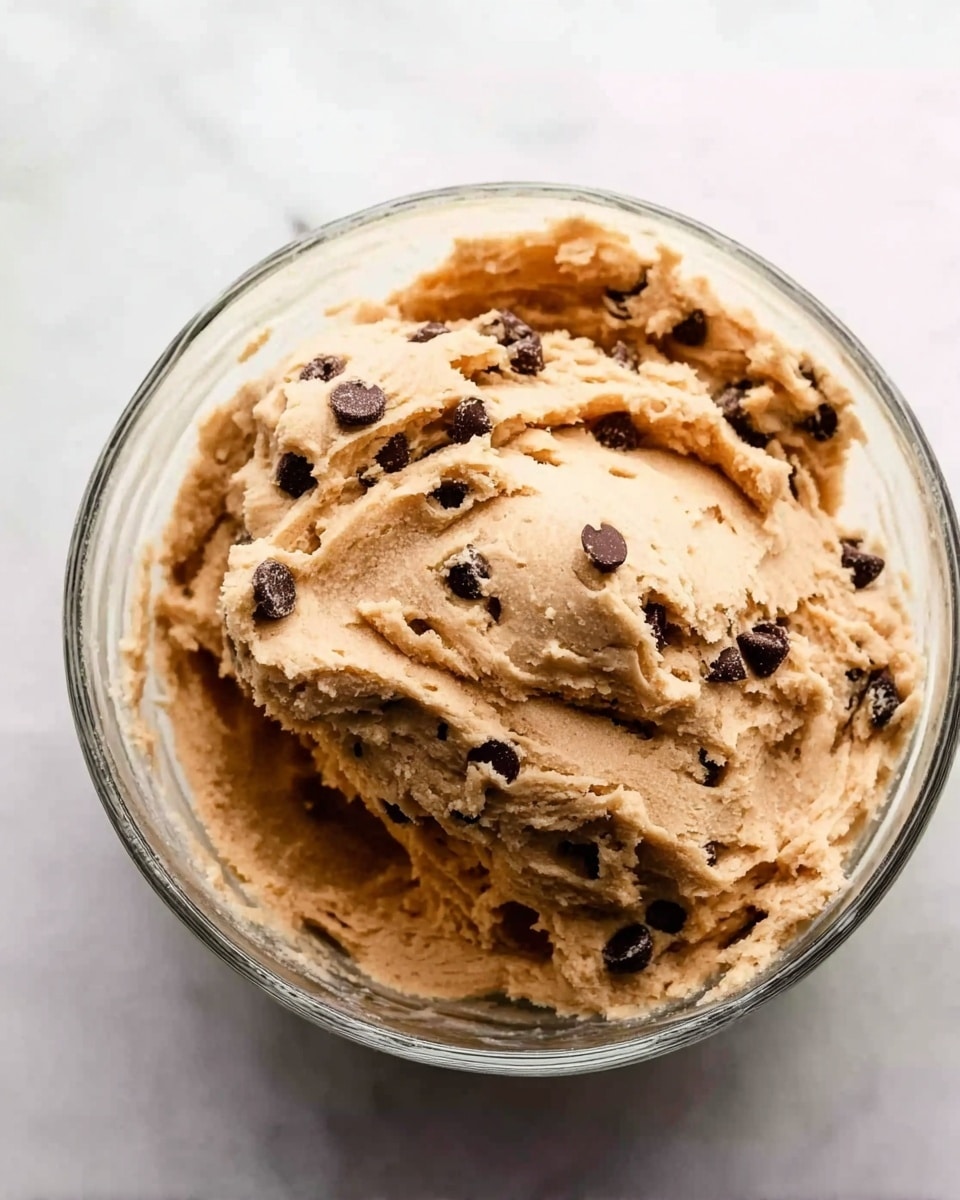 A clear glass bowl filled with light brown cookie dough that has a soft, creamy texture with visible dark chocolate chips mixed evenly throughout. The dough is slightly scooped in the middle, showing its thick and smooth consistency, all placed on a white marbled surface. photo taken with an iphone --ar 4:5 --v 7