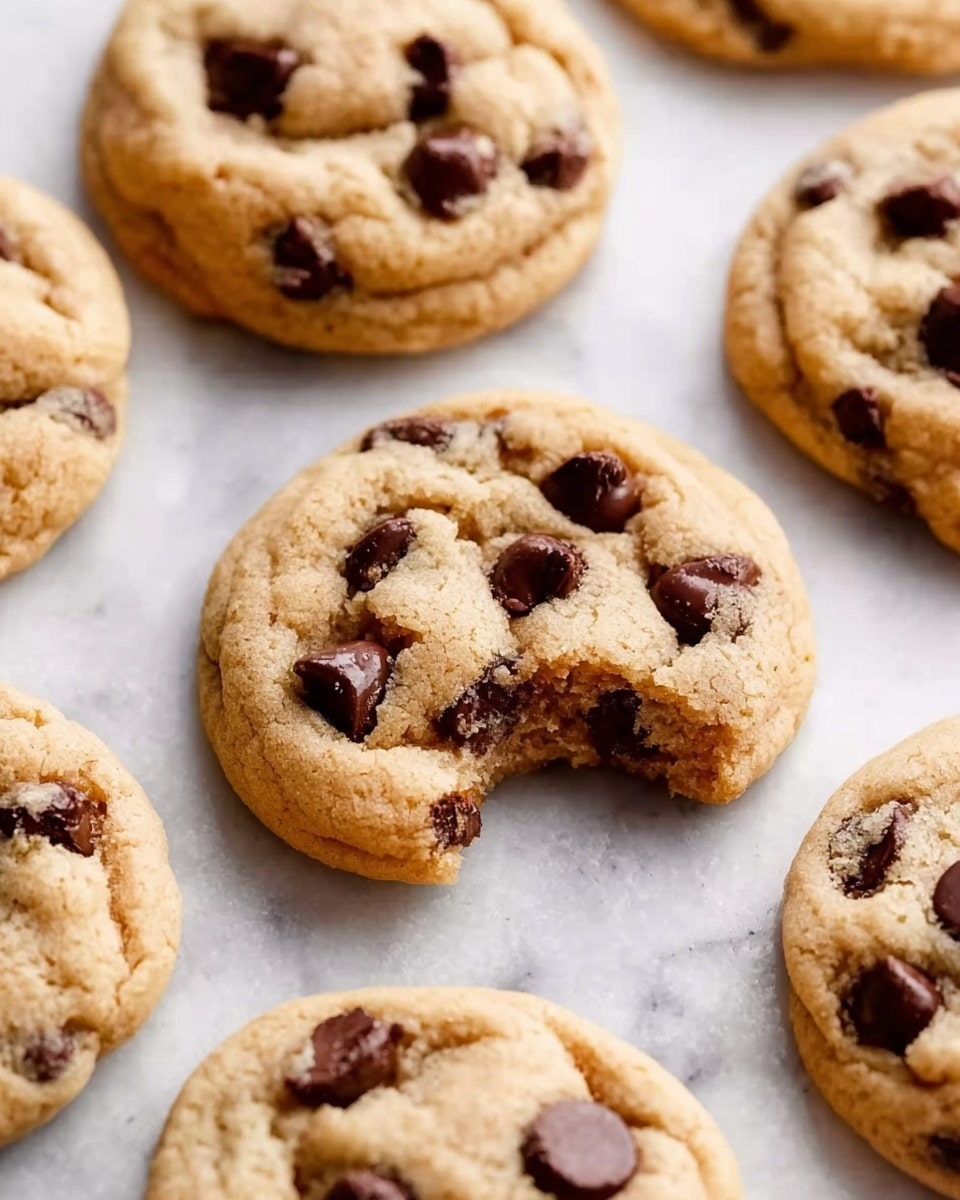 The image shows a close-up of several soft chocolate chip cookies arranged on a white marbled surface. Each cookie is round with a light brown color and a slightly cracked texture on top, filled with dark chocolate chips that are unevenly spread inside the dough. The cookies look thick and soft with a gentle golden edge. One cookie is broken, showing the soft and dense inside with chocolate chips embedded throughout. The photo has a warm and inviting feel, making the cookies look freshly baked and delicious. photo taken with an iphone --ar 4:5 --v 7