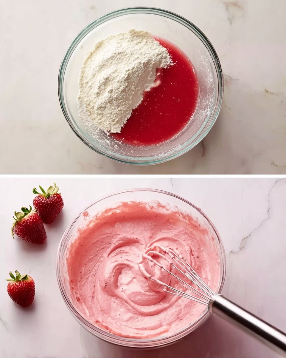 The first image shows a clear glass bowl on a white marbled surface filled with three main layers: a layer of white flour on the bottom, a pool of red liquid batter covering part of the flour, and a small amount of dark liquid near the edge of the bowl. The second image shows the same bowl with the ingredients fully mixed into a smooth, thick light pink batter with swirls on the surface, and a metal whisk inside the bowl. There are a few strawberries placed nearby on the white marbled surface. Photo taken with an iphone --ar 4:5 --v 7