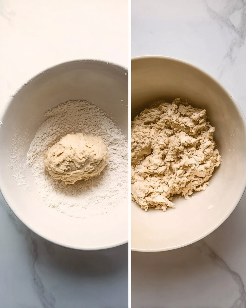 The image shows a white bowl on a white marbled surface, with a mixture inside. The left side displays a layer of dry flour forming a base, with a rounded dollop of wet dough sitting on top of it, both beige in color and rough in texture. The right side shows the same bowl after mixing, containing a crumbly, coarse dough clump with uneven pieces and a slightly lighter beige tone, filling the bottom part of the bowl. Photo taken with an iphone --ar 4:5 --v 7