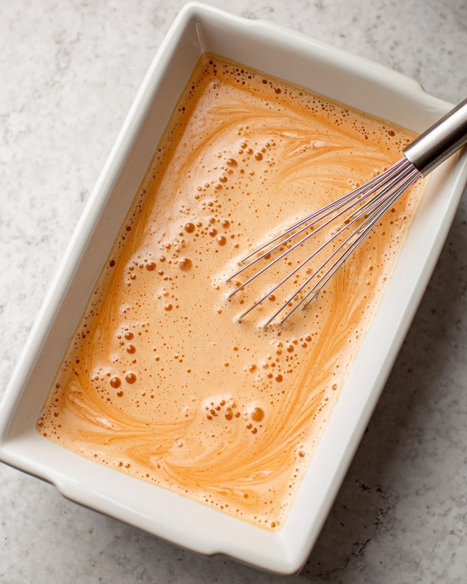 A close-up view of a white rectangular dish filled with a light orange liquid mixture that has a creamy, swirled texture and many small bubbles on the surface. A silver whisk lies on the right side inside the dish, resting on the liquid. The dish is placed on a white marbled texture surface, highlighting the smooth and foamy texture of the mixture. photo taken with an iphone --ar 4:5 --v 7