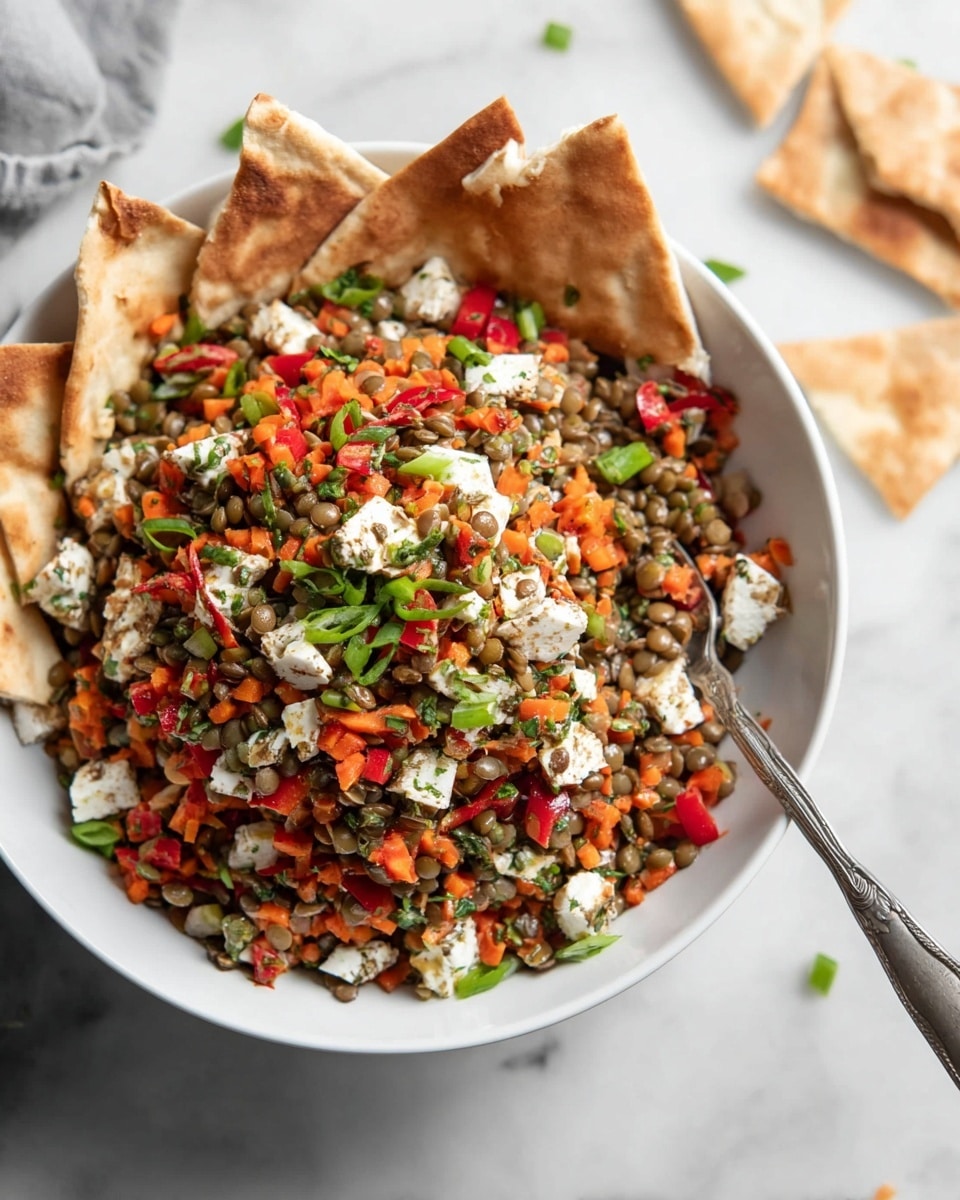 A white bowl filled with a colorful lentil salad, showing about three layers: a base layer of cooked green lentils, mixed with small pieces of orange carrot strips, bright red bell pepper cubes, white chunks of cheese, and sprinkled with chopped green onions on top. Around the edge of the bowl, pieces of toasted pita bread are placed at even spaces. The bowl sits on a white marbled surface with some triangular pita pieces nearby, and a metal fork is placed inside the bowl on the right side. Photo taken with an iphone --ar 4:5 --v 7