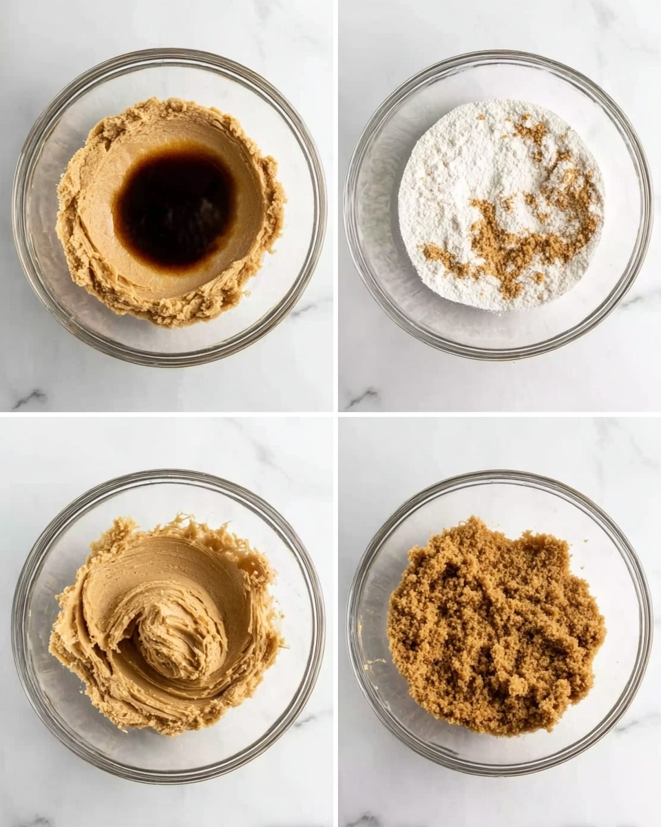 The image shows a clear glass bowl on a white marbled surface in four frames. In the first frame, a light tan dough with a rough texture fills the bowl, topped with a thick dark brown liquid pooling in the center. In the second frame, the dough is evenly mixed, smooth, and light tan, filling the bowl with soft swirls. In the third frame, white flour is added on top of the light tan dough along with small bits of brown and grainy texture scattered around. In the fourth frame, the mixture turns into a denser, crumbly brown dough that fills the bowl with a rough, grainy texture. photo taken with an iphone --ar 4:5 --v 7