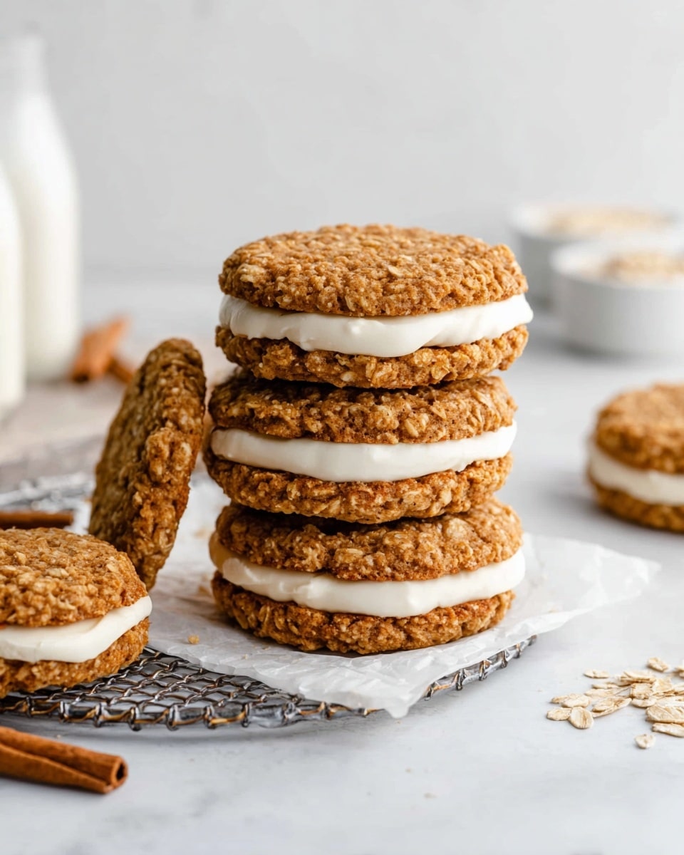 The image shows a stack of oatmeal sandwich cookies with thick, creamy white filling between each pair. There are three sandwiches stacked vertically, each with two textured, golden-brown oatmeal cookies that have visible oats on the surface. One sandwich cookie is leaning against the stack at an angle to the left, showing the smooth filling clearly. Another sandwich cookie is lying flat and partially visible in the front left corner. The cookies sit on a silver cooling rack lined with white parchment paper, placed on a white marbled surface. In the background, there are blurred white bottles and small white bowls, with a couple of cinnamon sticks on the bottom right corner. Photo taken with an iphone --ar 4:5 --v 7
