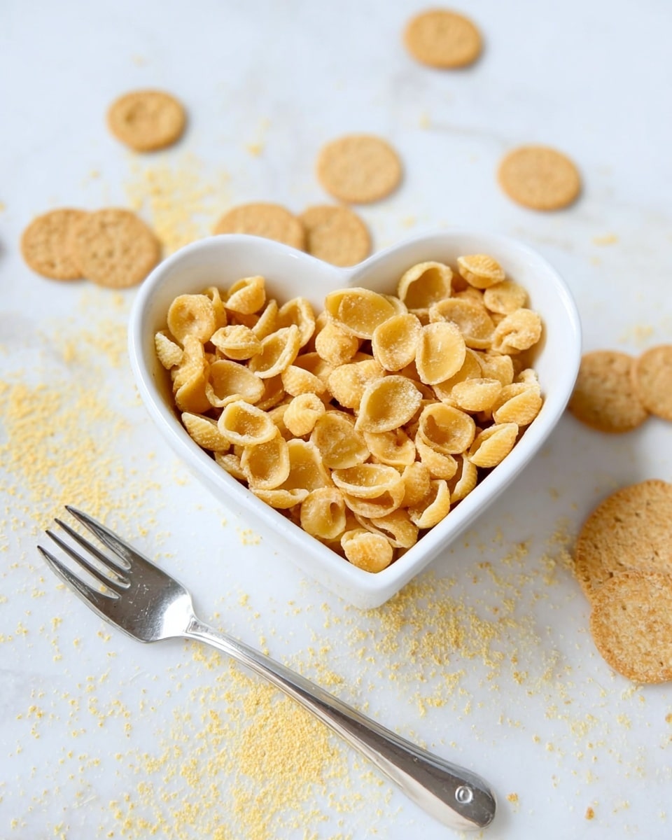 A white heart-shaped bowl filled with small, golden-yellow pasta shells that have a slightly rough texture. Around the bowl, there are scattered round, flat, light brown crackers and a light dusting of yellow crumbs spread on a white marbled surface. A shiny silver fork lies near the bottom left corner of the image. The scene has soft lighting, making the colors look warm and natural. photo taken with an iphone --ar 4:5 --v 7