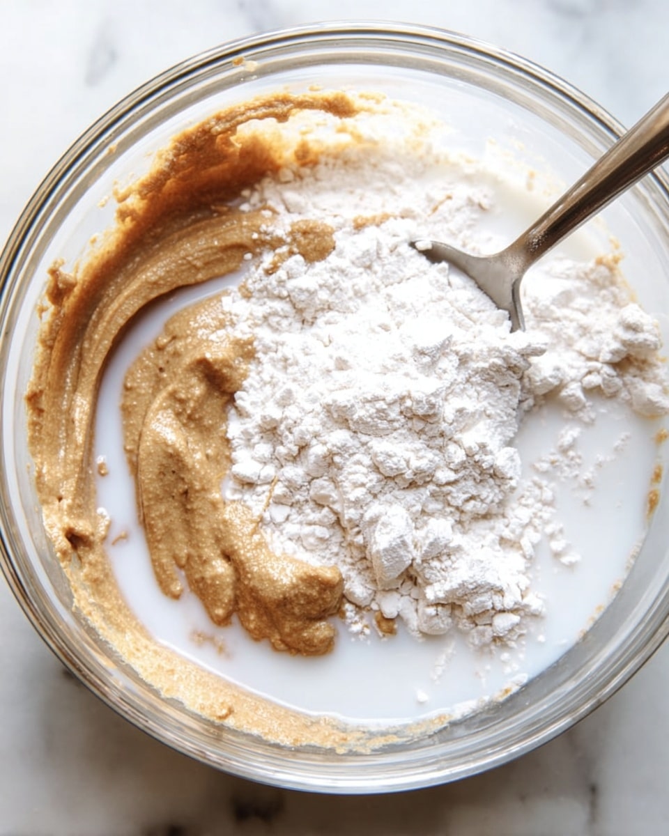 A clear glass bowl is filled with three visible layers: on the left, a thick, creamy brown paste with a slightly grainy texture; on the right, a powdery white flour with a soft, crumbly texture; and scattered over both layers is a white liquid that pools gently around the edges. A silver spoon is partially submerged in the mixture, angled diagonally from the bottom right to the top left of the bowl. The bowl sits on a white marbled surface, brightly lit to show the smooth and powdery textures clearly. photo taken with an iphone --ar 4:5 --v 7