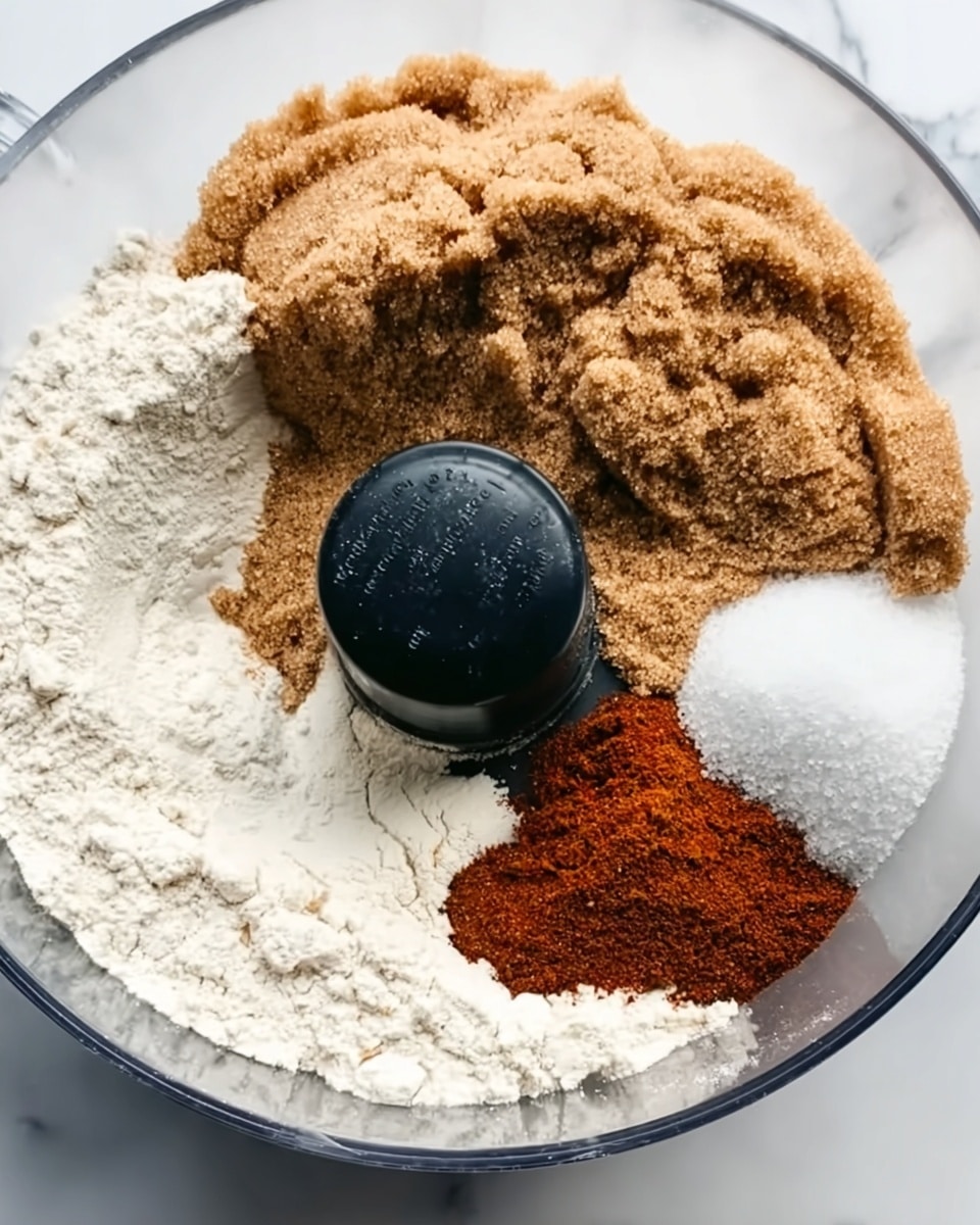 A clear mixing bowl contains four separate piles of ingredients placed around a black food processor blade in the center. The largest pile is white flour with a fine texture, taking up half the bowl. Next to it is a large mound of light brown sugar with a slightly grainy texture. Adjacent to the sugar is a small pile of reddish-brown cinnamon powder, and next to that is a small heap of white salt. The bowl is set on a white marbled surface. photo taken with an iphone --ar 4:5 --v 7