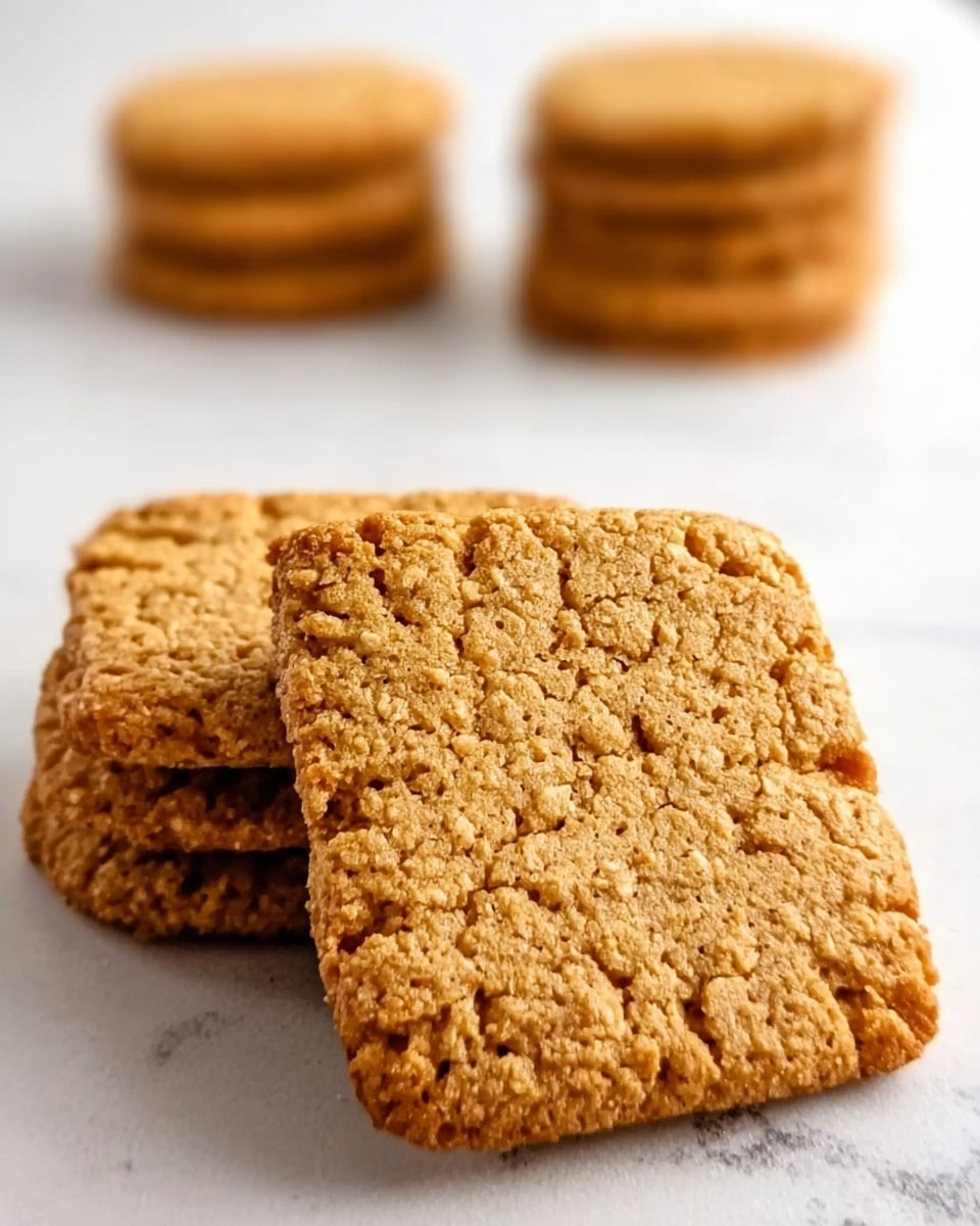The image shows a close-up of four square-shaped oatmeal cookies stacked neatly in two rows on a white marbled surface. The cookies have a rough, crumbly texture with small holes scattered over their light brown, golden surface. In the background, two smaller stacks of similar cookies appear slightly blurred, adding depth to the image. The focus is on the front stack, highlighting the grainy texture and warm tones of the oatmeal cookies. photo taken with an iphone --ar 4:5 --v 7