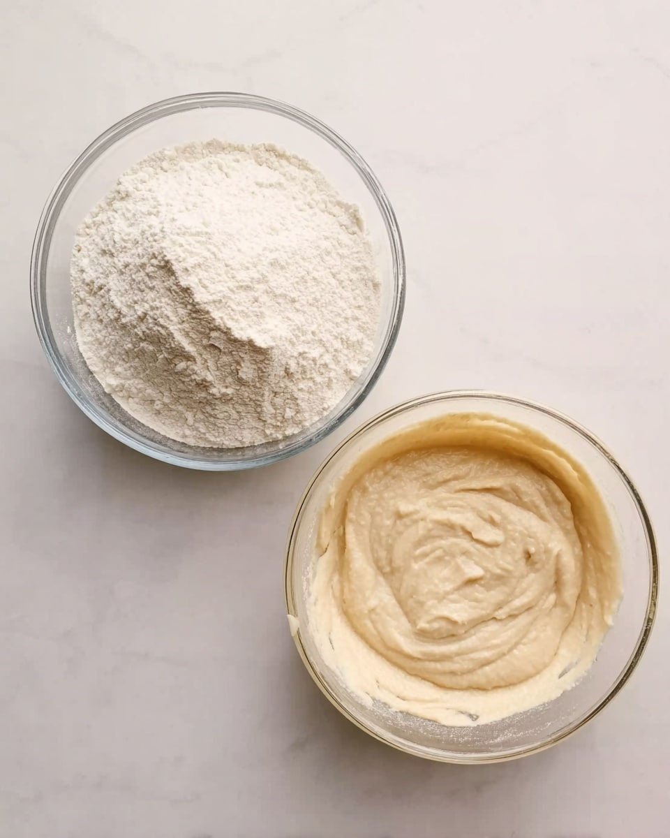 The image shows two clear glass bowls placed on a white marbled surface. The bowl on the left is filled with a dry white powder, likely flour, that has a soft, fine texture evenly spread inside the bowl. The bowl on the right contains a pale beige creamy batter with a smooth and thick texture, gently swirled with a spatula inside it. Both bowls appear clean and are photographed from above in soft natural light. Photo taken with an iphone --ar 4:5 --v 7