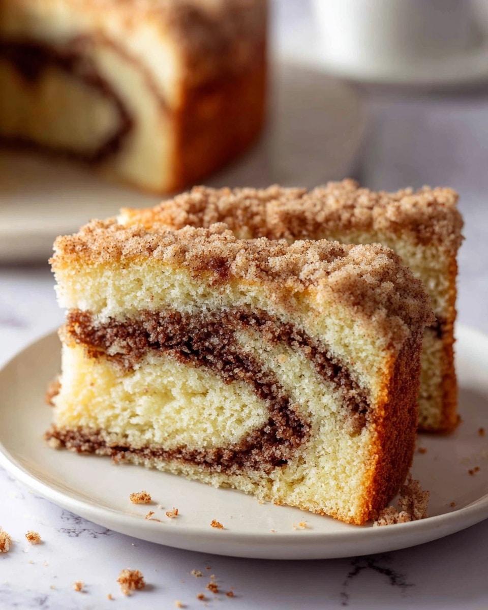 A white plate holds two slices of crumb-topped cake with a light golden brown exterior and a crumbly textured top layer. Inside the cake, there are two layers: a soft, light yellow sponge with a moist texture, and a thick, dark brown cinnamon swirl that winds through the middle of each slice. The background features a blurred white marbled surface with crumbs scattered around the plate. Photo taken with an iphone --ar 4:5 --v 7