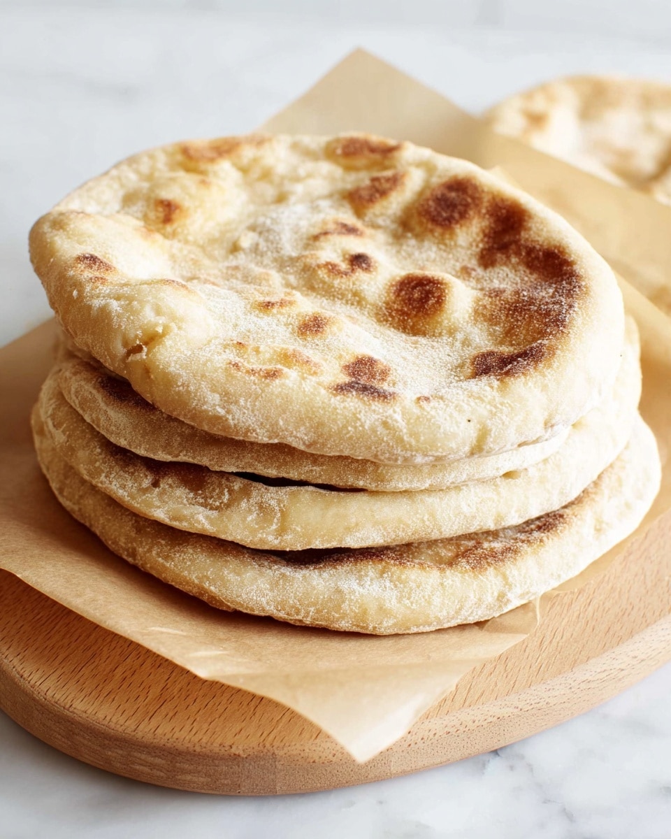 A stack of four flatbreads sits on a piece of light brown parchment paper that rests on a wooden board, which is placed on a white marbled surface. Each flatbread is round with a slightly uneven shape and golden-brown spots on their light beige surface, showing a soft and slightly puffy texture with some dimples and air pockets. The top flatbread is partially tilted, revealing the layers underneath. Photo taken with an iphone --ar 4:5 --v 7