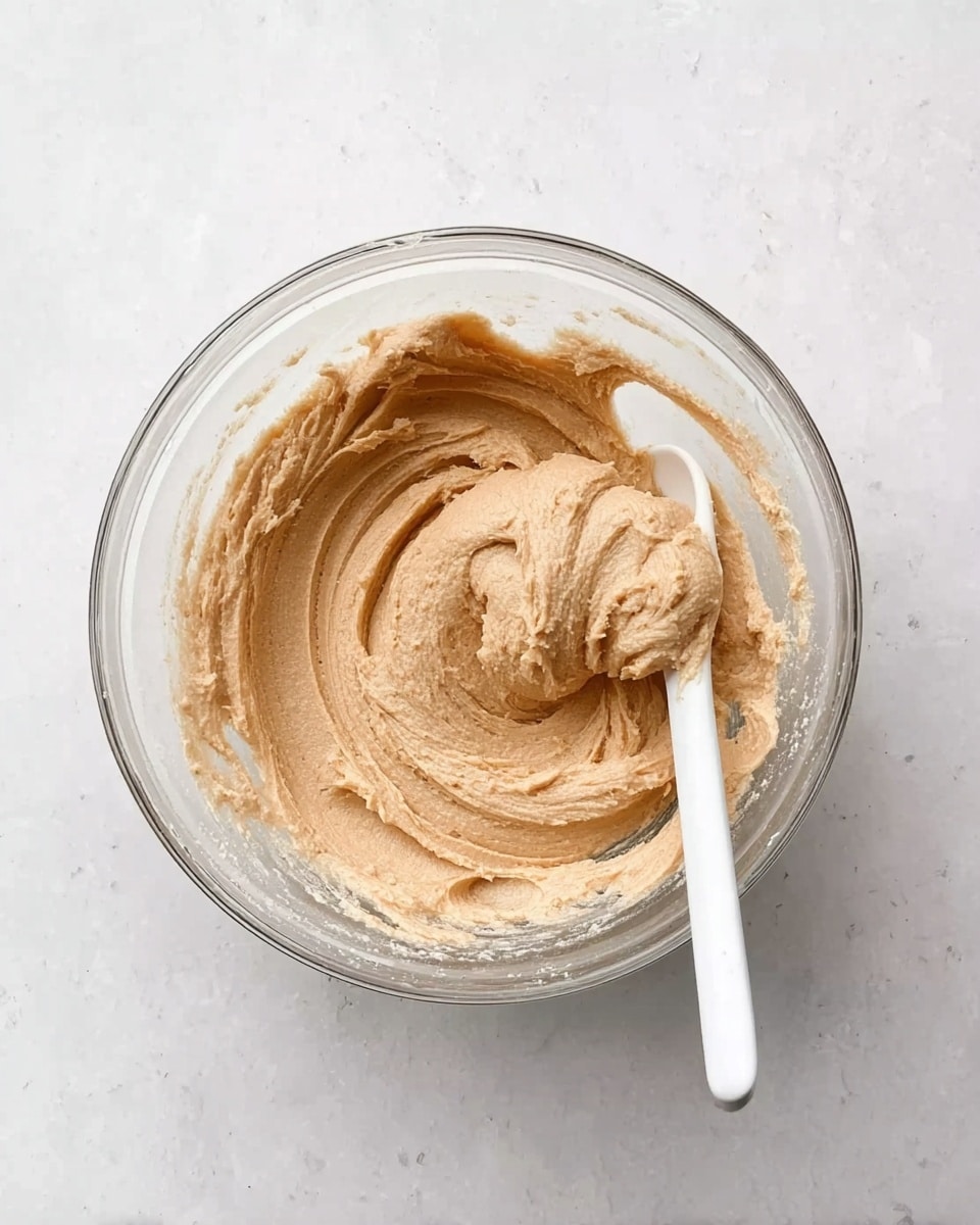 A clear glass bowl sits on a white marbled surface, filled with smooth, light brown dough or batter with a creamy texture. A white stirring spoon rests inside the bowl, slightly coated with the mixture. The bowl is viewed from above, showing the swirls and peaks in the batter where it has been mixed. photo taken with an iphone --ar 4:5 --v 7