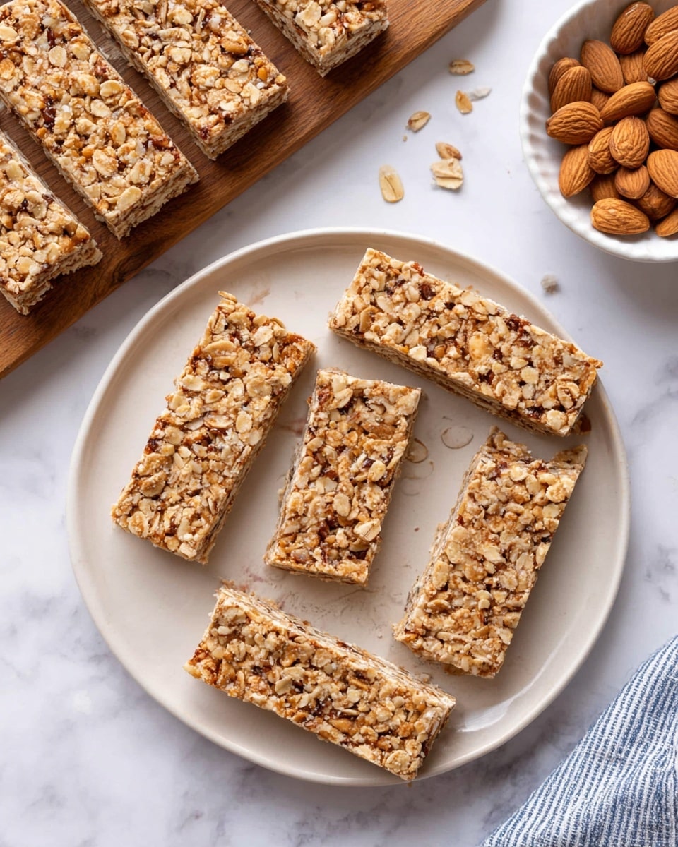 Six granola bars with a textured surface made of oats and nuts, showing a mix of light tan and brown shades, are arranged in a loose circle on a white plate with a subtle design around the edge. Each bar is rectangular and dense with visible oats and almond pieces. In the background, more granola bars are lined up on a wooden board with a natural grain pattern. To the top right, a white bowl holds whole almonds. The whole scene rests on a white marbled surface with a glimpse of a blue and white striped cloth at the bottom right corner. photo taken with an iphone --ar 4:5 --v 7