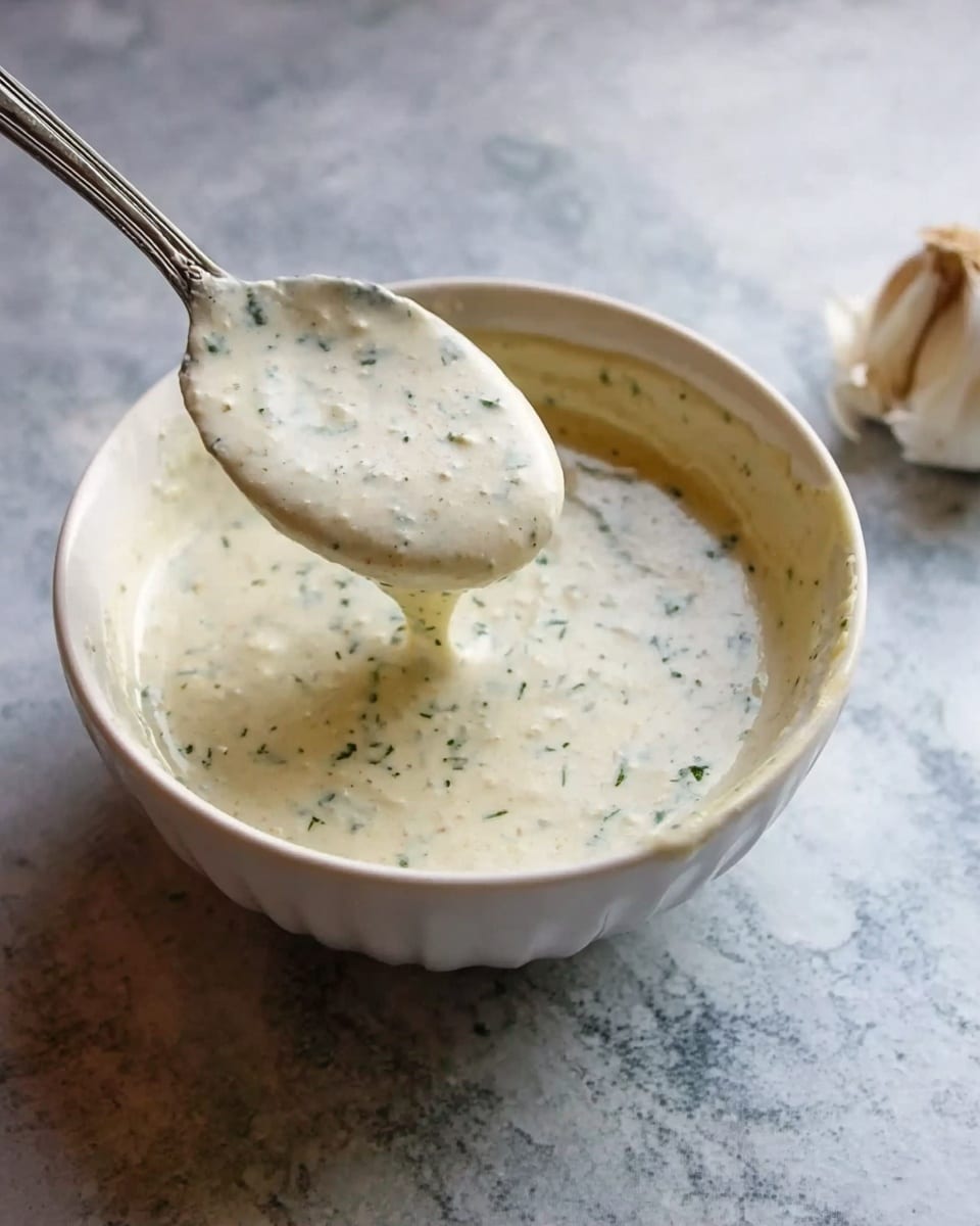 The image shows a white bowl filled with several layers of ingredients placed side by side. There is a layer of light beige creamy sauce, white powdered ingredient, dark pepper flakes, green parsley, red spice powder, and minced ginger, all arranged clearly in separate sections within the bowl. Next to the bowl, there is one whole garlic bulb. The bowl is placed on a white marbled textured surface. The photo is taken with an iphone --ar 4:5 --v 7