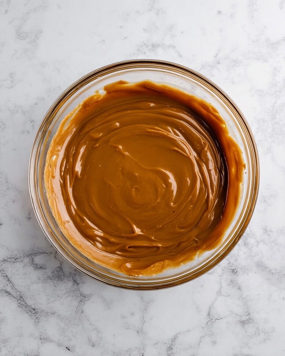 A clear glass bowl sits centered on a white marbled surface, filled with one smooth layer of thick caramel brown sauce that has been evenly spread and swirled to create a shiny, textured pattern. The sauce layer covers the bottom of the bowl uniformly with subtle ridges in a circular shape. Photo taken with an iphone --ar 4:5 --v 7