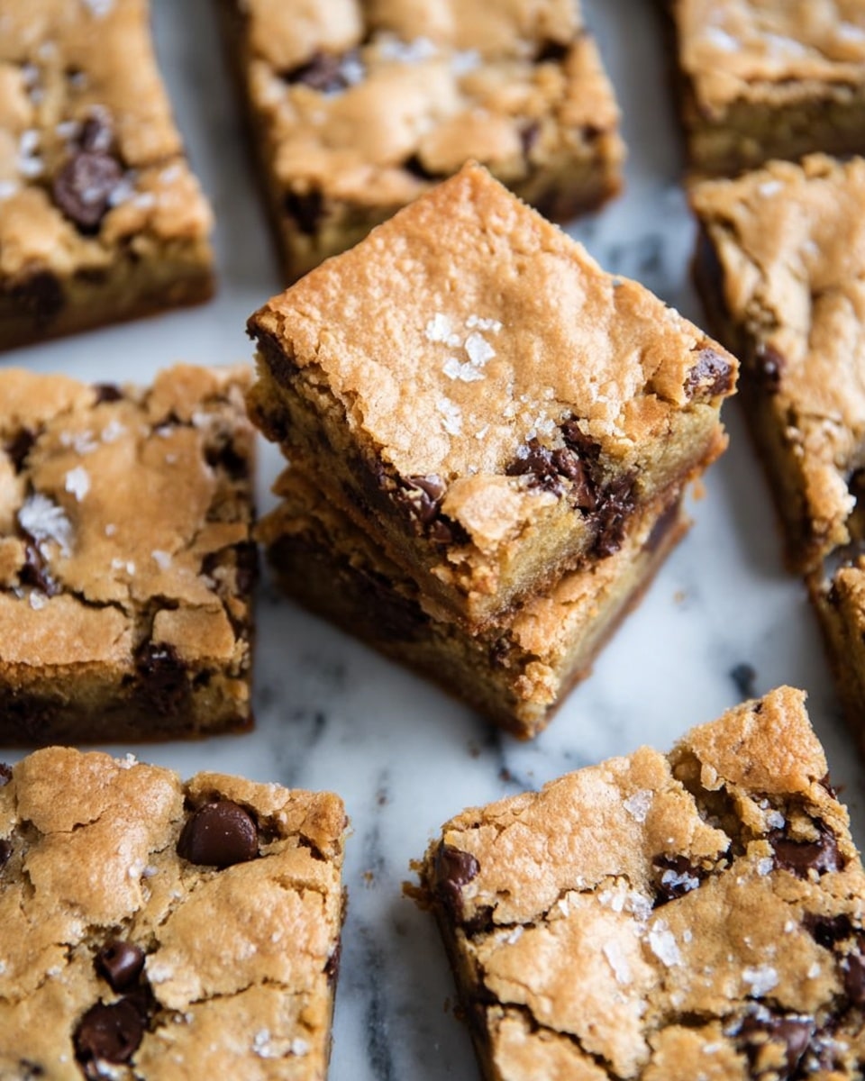 Several square chocolate chip cookie bars are arranged on a white marbled surface. The bars have a golden-brown color with a slightly cracked, textured top showing visible chocolate chunks. The cookie bars are thick with a soft-looking interior, and some have a sprinkling of coarse salt on top. One square is stacked on top of another in the center, showing the layers clearly. Photo taken with an iphone --ar 4:5 --v 7