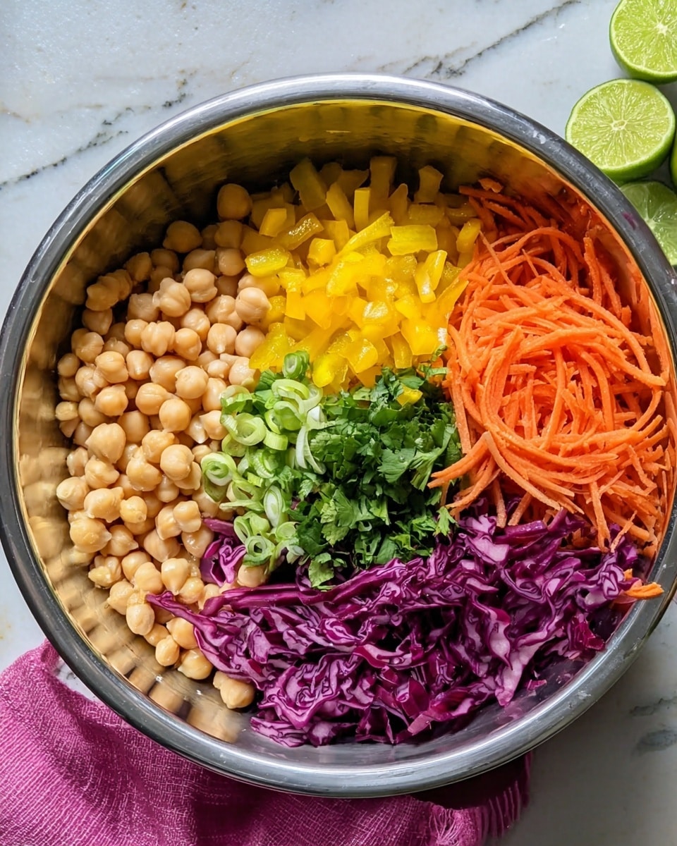 A large silver bowl holds five colorful layers of fresh ingredients arranged in sections: pale beige chickpeas fill the left side, followed by bright yellow chopped bell peppers at the top right, orange julienned carrots on the far right, deep purple shredded cabbage at the bottom, and a mix of green scallions and cilantro leaves sits in the center. The bowl rests on a white marbled surface with a cut lime slice partially visible in the upper right corner, and a pink cloth peeks in from the left. photo taken with an iphone --ar 4:5 --v 7