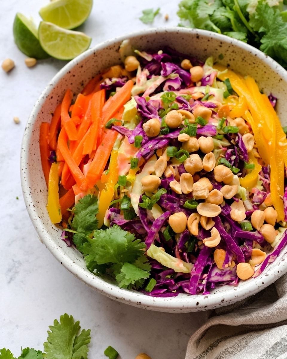 A white speckled bowl holds a colorful salad with several visible layers: a base of shredded purple cabbage, topped with orange carrot sticks and thin yellow bell pepper slices, scattered with whole light brown peanuts and chickpeas, and garnished with chopped green onions and fresh cilantro leaves. The salad sits on a white marbled surface, with some cilantro and half of a lime nearby, adding fresh green and yellow touches around the bowl. photo taken with an iphone --ar 4:5 --v 7