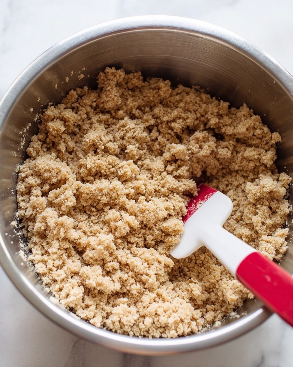 A close-up view of a silver mixing bowl filled with small, crumbly light brown dough pieces with a sandy texture. Inside the bowl, a white and red spatula is partially buried in the crumbs, positioned on the right side. The bowl is placed on a white marbled surface. The image shows only one layer of the crumbly mixture. photo taken with an iphone --ar 4:5 --v 7