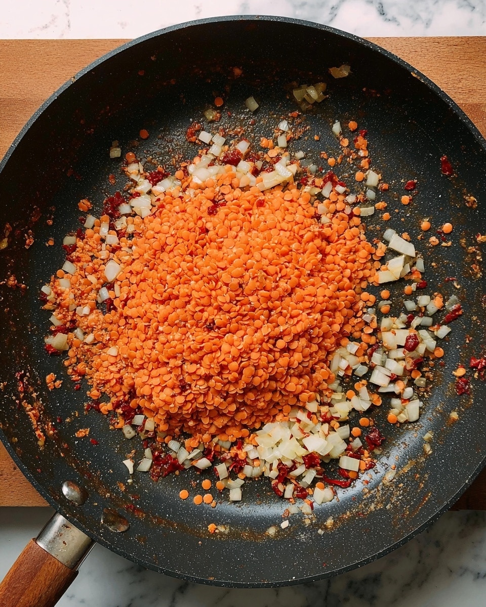 A close-up top view of a black pan with a wooden handle on a white marbled surface, showing cooked orange lentils piled in the center, surrounded by lightly browned onions and small bits of red pepper and garlic scattered around the edges, creating a mix of orange, white, and reddish-brown colors against the dark pan photo taken with an iphone --ar 4:5 --v 7