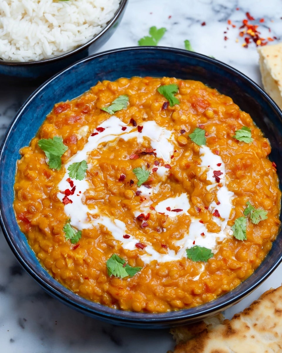 A blue bowl filled with thick orange lentil curry that has a slightly chunky texture with visible lentils and bits of tomato. The curry is swirled with white cream on top, with small green cilantro leaves scattered across the surface, adding a fresh touch. Some red chili flakes are also sprinkled lightly. In the background, there is a white bowl holding plain white rice, and a piece of flatbread is partially visible at the bottom right corner. The whole scene is set on a white marbled surface. Photo taken with an iphone --ar 4:5 --v 7