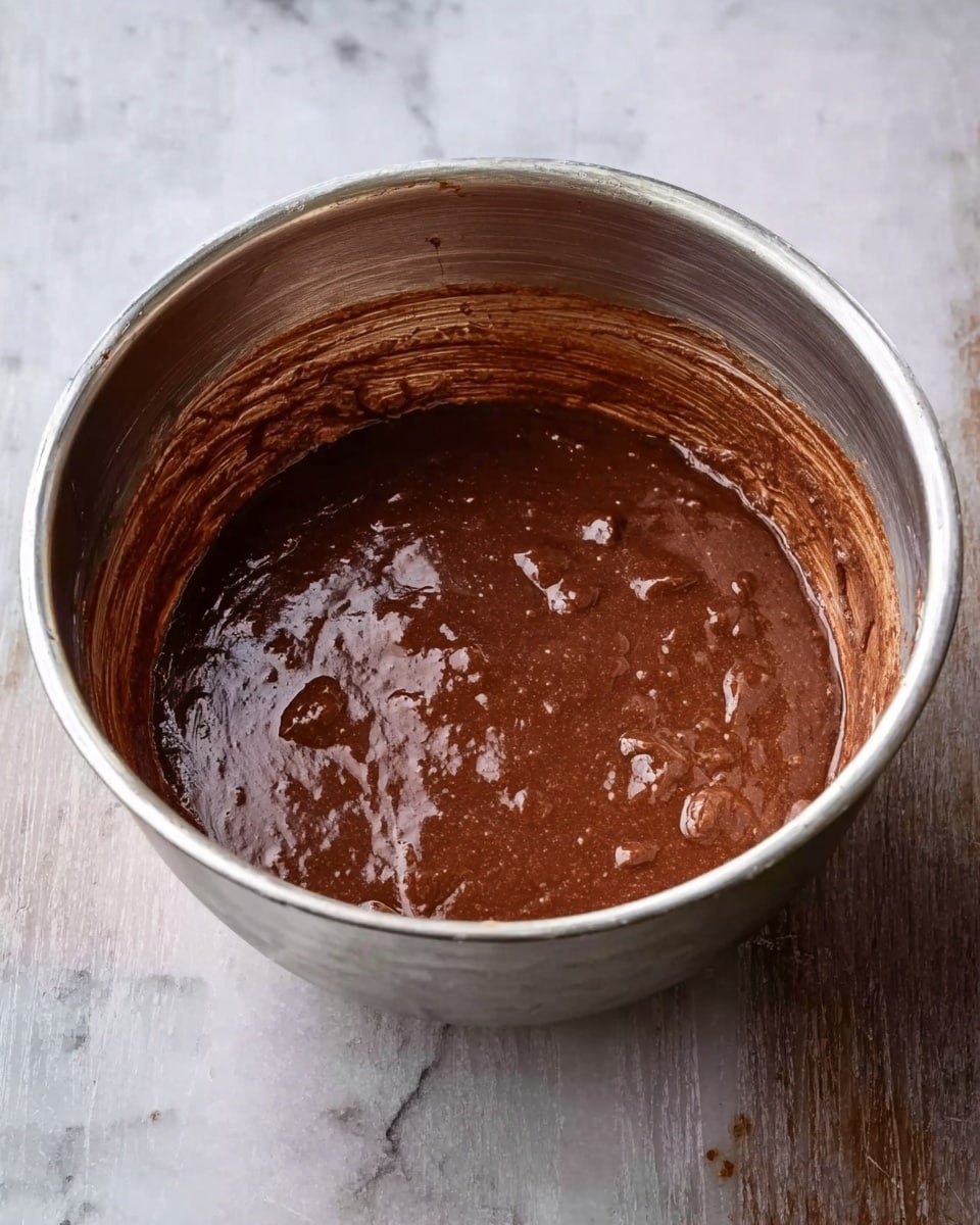 The image shows a single large silver metal mixing bowl filled with thick, shiny, dark brown chocolate batter that has a few small lumps and spots on the surface. The batter coats the sides of the bowl unevenly, with some streaks visible, and there is a little batter spill on the outer edge of the bowl. The bowl is placed on a white marbled surface that looks clean and smooth. photo taken with an iphone --ar 4:5 --v 7