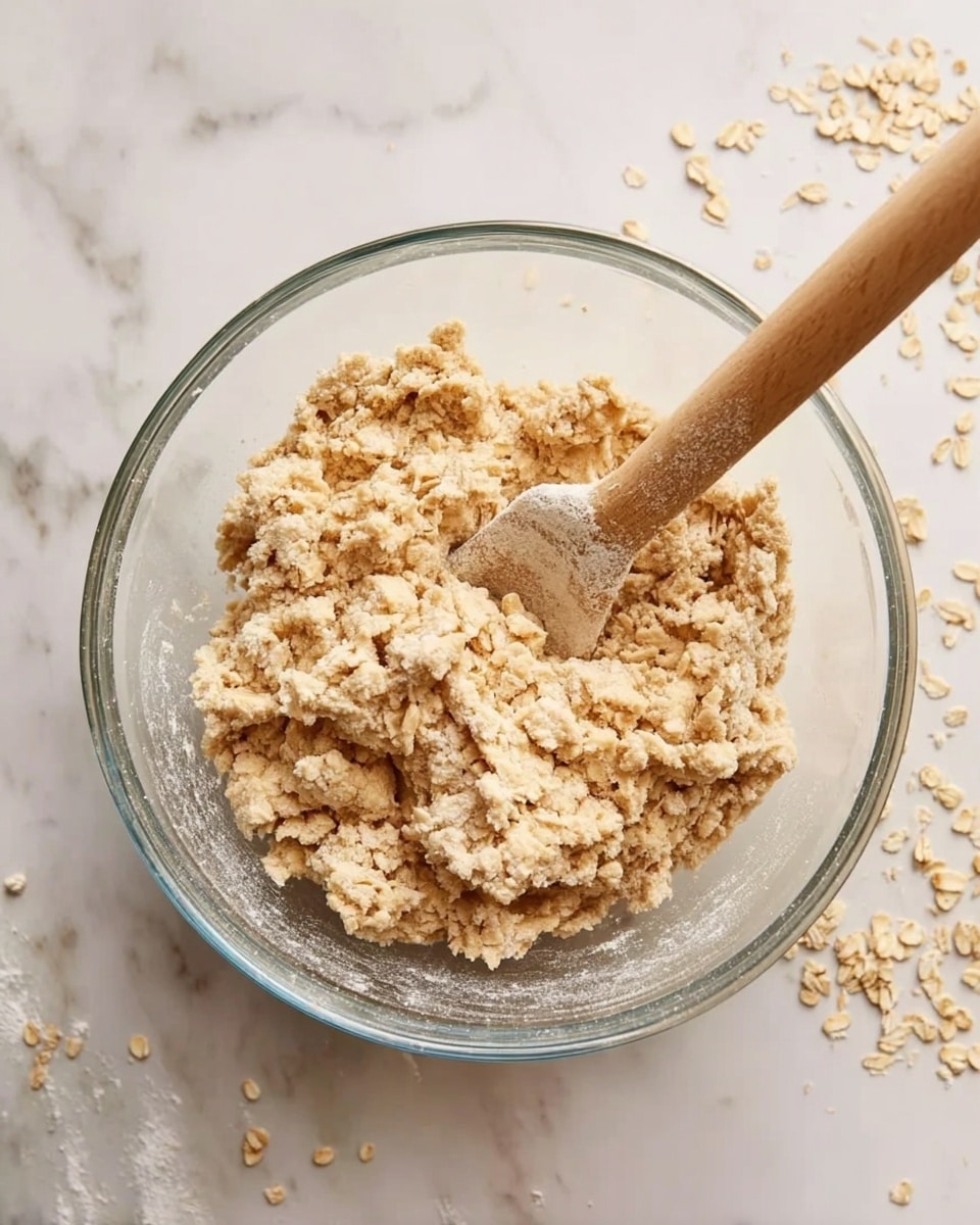 A clear glass bowl filled with a mixture of light beige oat chunks and dough with a slightly rough texture, held by a wooden spatula with a light wood-colored handle resting inside the bowl. The bowl is placed on a white marbled surface with scattered whole oats around it. The image is bright and clean. photo taken with an iphone --ar 4:5 --v 7