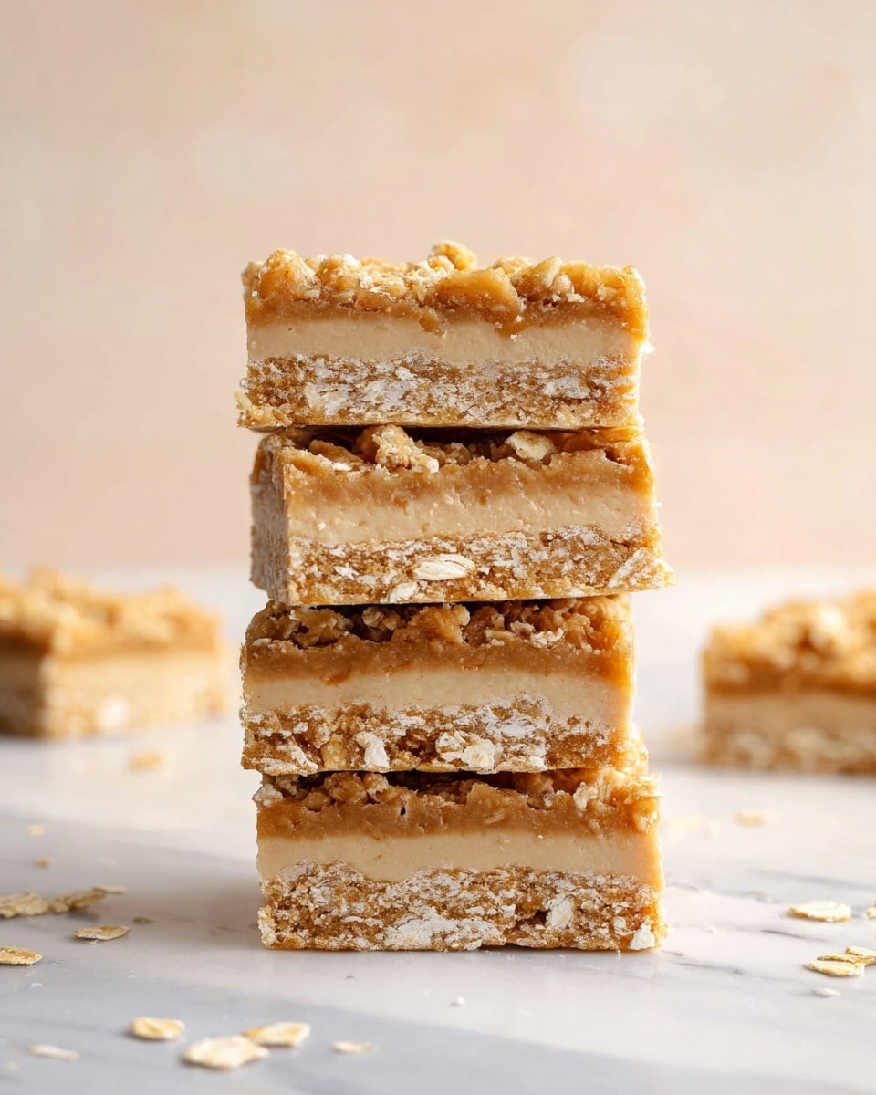 Four square bars are stacked on top of each other, each bar having two layers: a thick, soft-looking beige middle layer and a lighter crumbly top and bottom layer with visible oats. The middle layer is smooth while the crumbly layers have a rough texture with small oat pieces sticking out. The stack is placed on a white marbled surface with a blurry pale background and some oat flakes scattered around. photo taken with an iphone --ar 4:5 --v 7