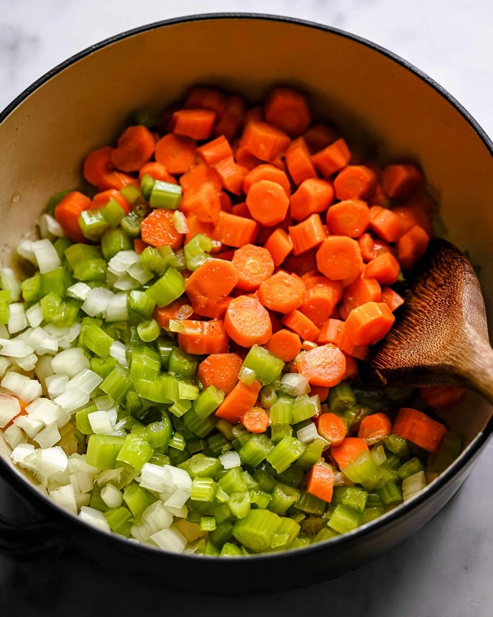 The image shows a close-up of a cooking pot filled with three layers of chopped vegetables. The bottom layer is made of small pieces of white onion, the middle layer consists of bright green celery slices, and the top layer is made of thick, round orange carrot slices. The vegetables look slightly cooked and shiny, with a wooden spoon partially visible on the right side mixing the contents. The pot has a smooth white edge and is set against a white marbled surface. Photo taken with an iphone --ar 4:5 --v 7