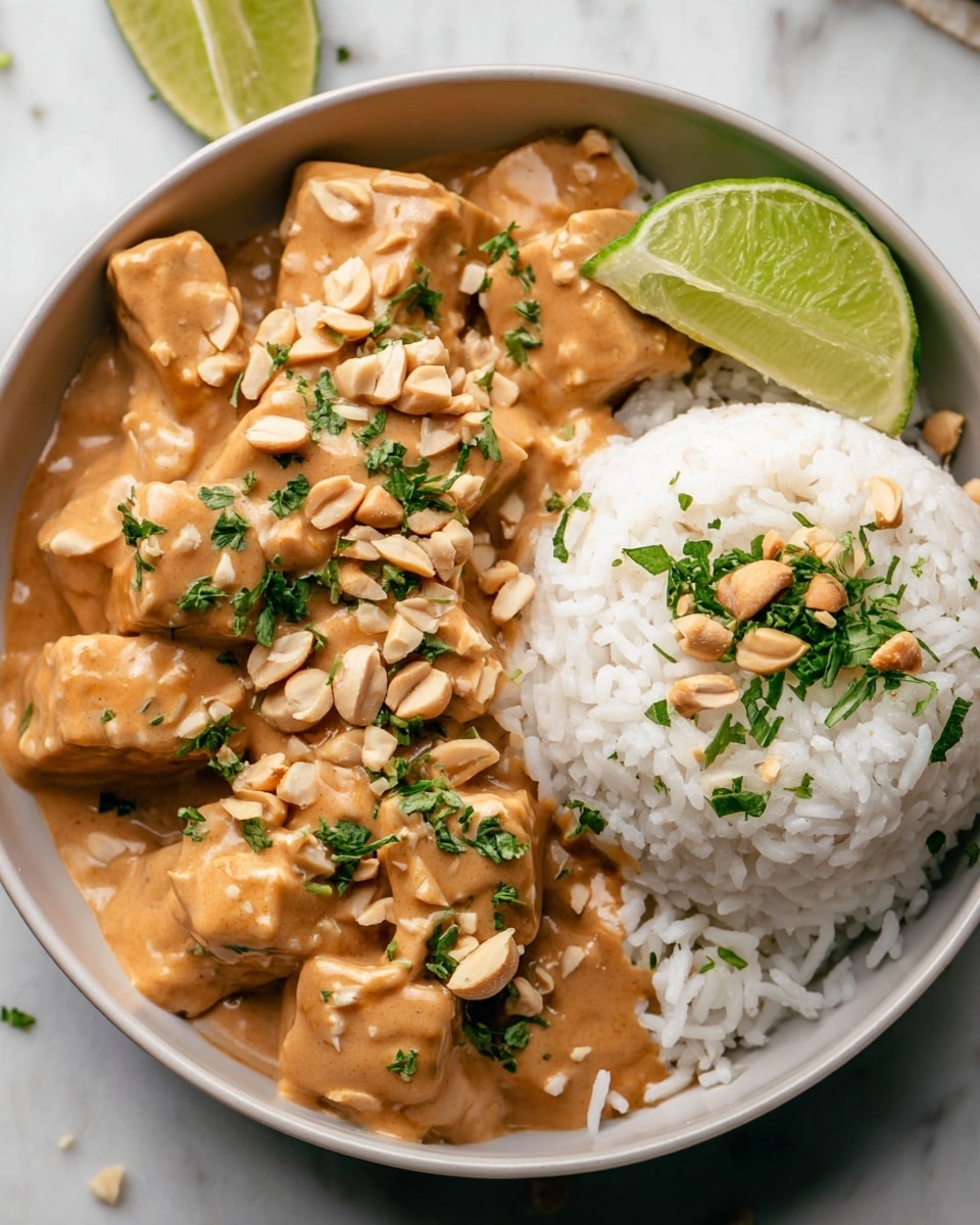A white bowl filled with two distinct layers: on the left side, large chunks of light brown tofu covered in a smooth, creamy peanut sauce, sprinkled with chopped green herbs and whole peanuts, giving a fresh and crunchy look; on the right side, a mound of fluffy white rice garnished with chopped green herbs and a few peanuts, topped with a bright green lime wedge resting against the rice; the bowl sits on a white marbled surface. photo taken with an iphone --ar 4:5 --v 7