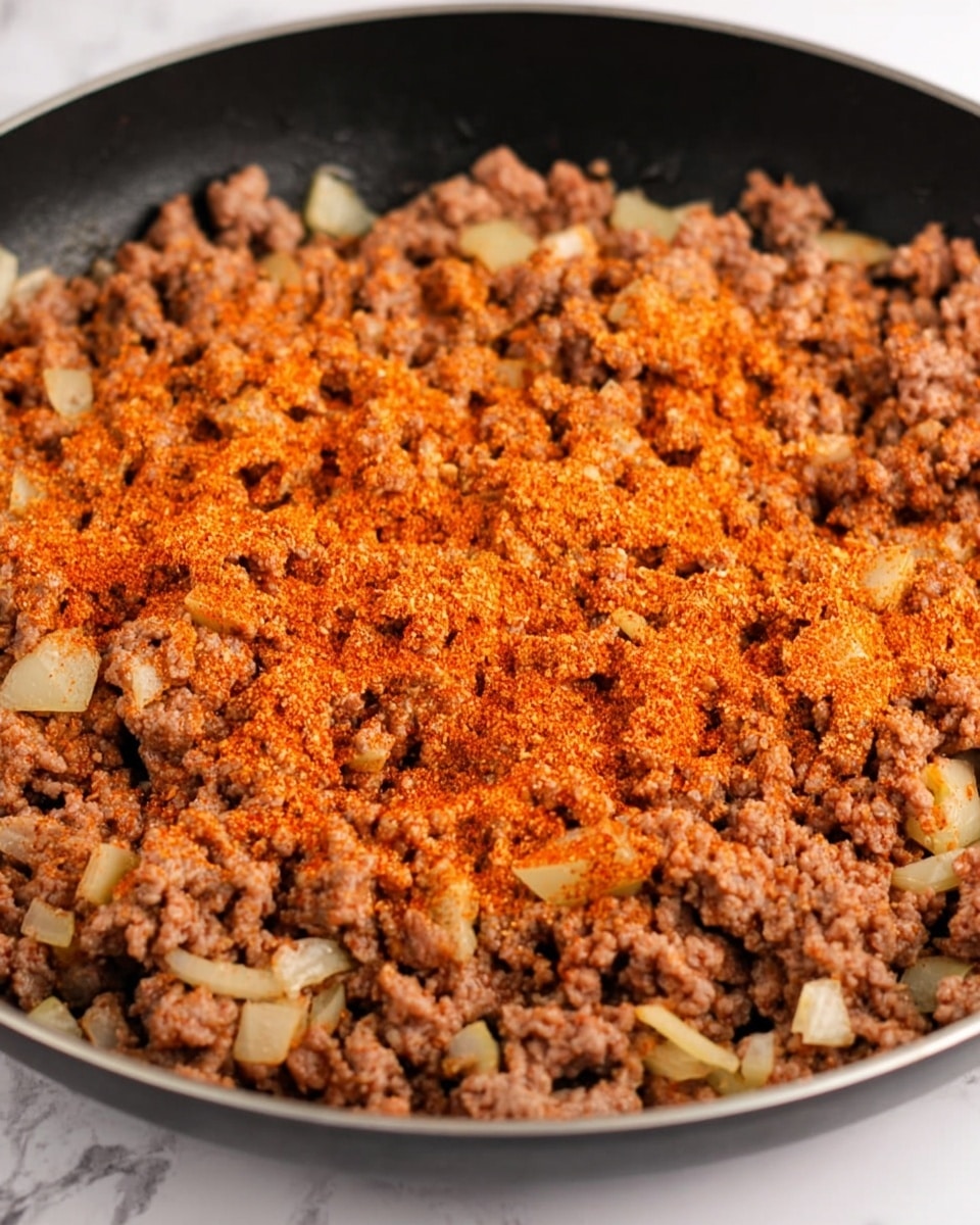 A close-up view of a black pan filled with cooked ground meat mixed with small pieces of soft, golden-brown onions, all topped with a generous layer of reddish-orange spice powder spread evenly across the surface. The mixture has a crumbly texture with varying shades of brown and orange, showing the contrast between the meat, onions, and seasoning. The pan is set on a white marbled surface, no other ingredients or utensils visible. Photo taken with an iphone --ar 4:5 --v 7