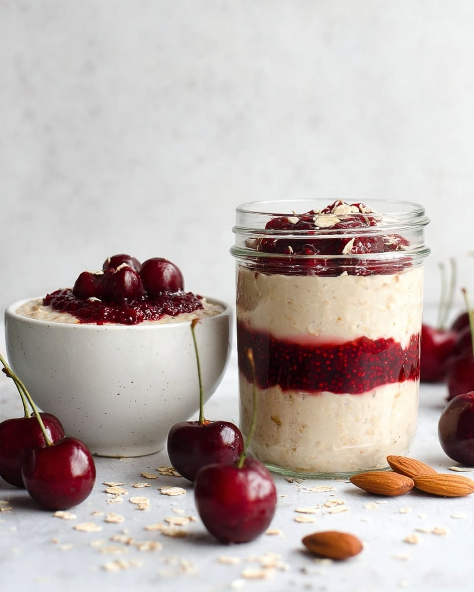 The image shows two servings of a creamy oatmeal dish placed on a white marbled surface. On the left, there is a white bowl filled with three layers: the bottom layer is a smooth, light cream oatmeal, the middle layer is a thick red cherry jam with visible seeds, and the top layer features fresh red cherries with stems next to a sprinkle of oats. On the right, a transparent glass jar contains three layers clearly visible: creamy oatmeal at the bottom, a thick band of red cherry jam in the center with a textured seed pattern, and a light creamy oatmeal layer on top garnished with dark red cherries. Nearby, whole almonds and fresh cherries with stems are scattered on the white marbled surface. Photo taken with an iphone --ar 4:5 --v 7