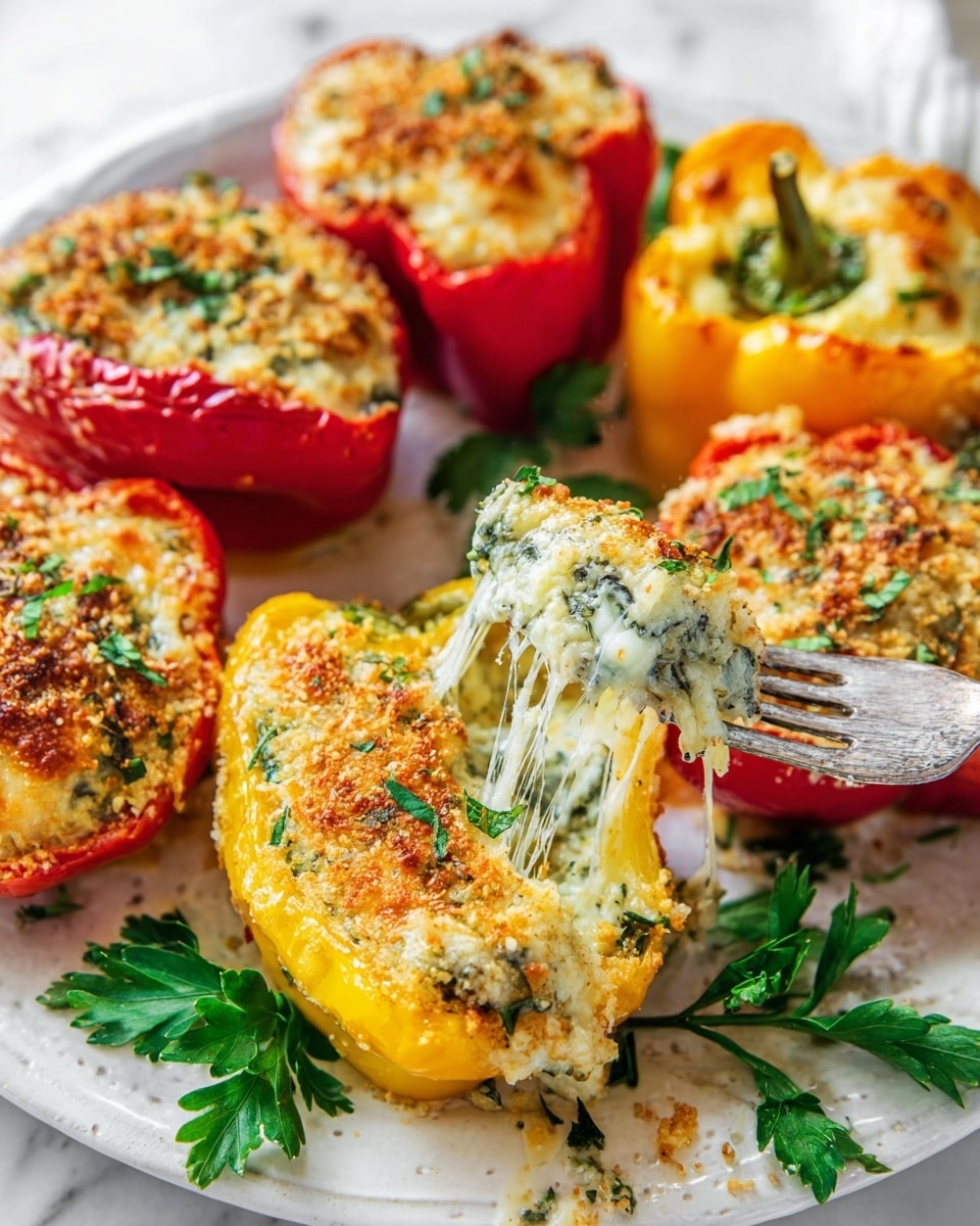 The image shows six stuffed bell peppers arranged on a white plate with a white marbled surface underneath. Each pepper is halved and filled with a creamy mixture topped with a golden-brown crispy layer. There are three colors of peppers: red, yellow, and green, each bright and slightly charred at the edges. The filling is light and creamy with visible green herbs mixed in. One yellow pepper is opened with a fork lifting a creamy, stretchy bite that shows melted cheese, with strings of cheese stretching from the filling to the fork. Fresh green parsley leaves garnish the plate around the peppers. Photo taken with an iphone --ar 4:5 --v 7