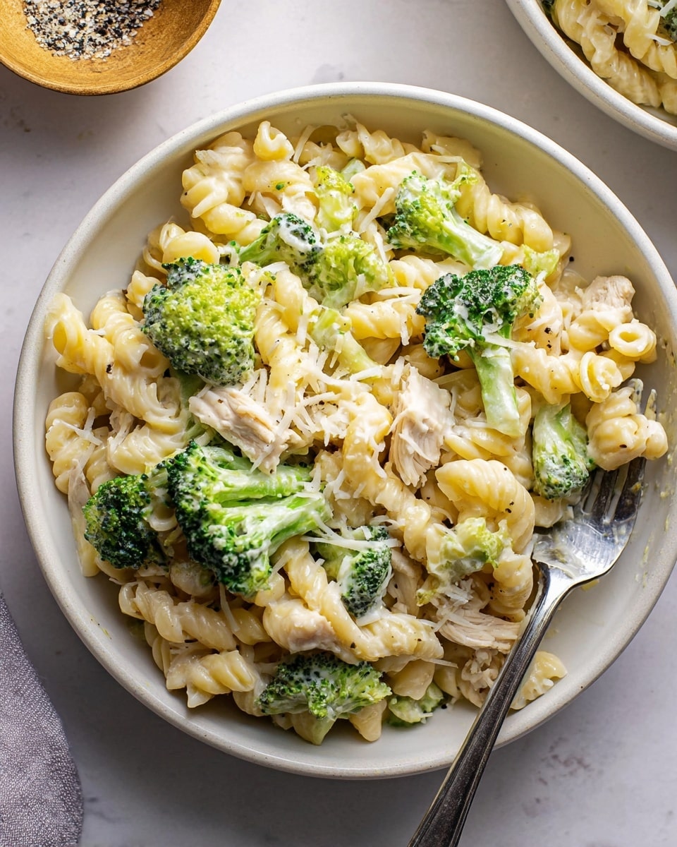 A white bowl filled with creamy pasta made of light yellow spiral macaroni on the bottom layer. Bright green broccoli pieces are mixed evenly throughout, some covered with white creamy sauce. Shredded pale yellow cheese is sprinkled on top, adding texture. There are small bits of light-colored chicken scattered in the layers, and black pepper is lightly dotted across the dish. A silver fork picks up some pasta and broccoli from the right side of the bowl. The bowl sits on a white marbled surface with a tan bowl filled with coarse salt and pepper in the top left corner. Photo taken with an iphone --ar 4:5 --v 7