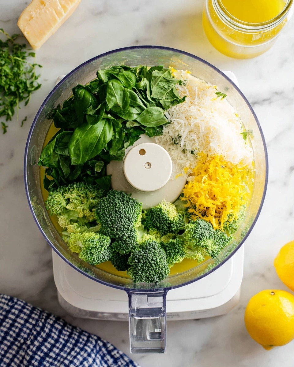 In the clear top bowl of a white food processor, there are five main layers of ingredients visible. On one side, vibrant dark green basil leaves lay loosely. Next to the basil, bright green broccoli florets fill a quarter of the bowl. A small pile of finely grated white cheese is placed near the broccoli on the right side. Below the cheese, there is a small heap of bright yellow lemon zest. The bottom layer is a mix of light yellow liquid, likely oil, filling the base. The whole setup is on a white marbled surface with a lemon partially visible in the upper right and a glass jar with yellow liquid on the lower left. A blue and white checkered towel lies just beneath the food processor. Photo taken with an iphone --ar 4:5 --v 7