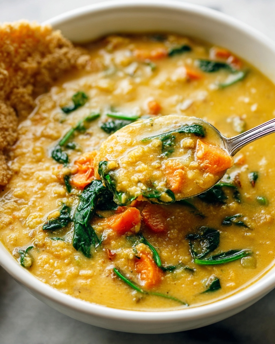 A close-up of a white bowl filled with thick, creamy soup that has a golden-yellow color. The soup contains small pieces of orange carrots and dark green leafy vegetables, clearly visible throughout the mix. There are soft, textured chunks of a beige ingredient layered on one side of the bowl. A silver spoon holds a scoop of the soup, lifted slightly above the bowl to show the chunky, smooth texture. The bowl sits on a surface with a white marbled texture. photo taken with an iphone --ar 4:5 --v 7