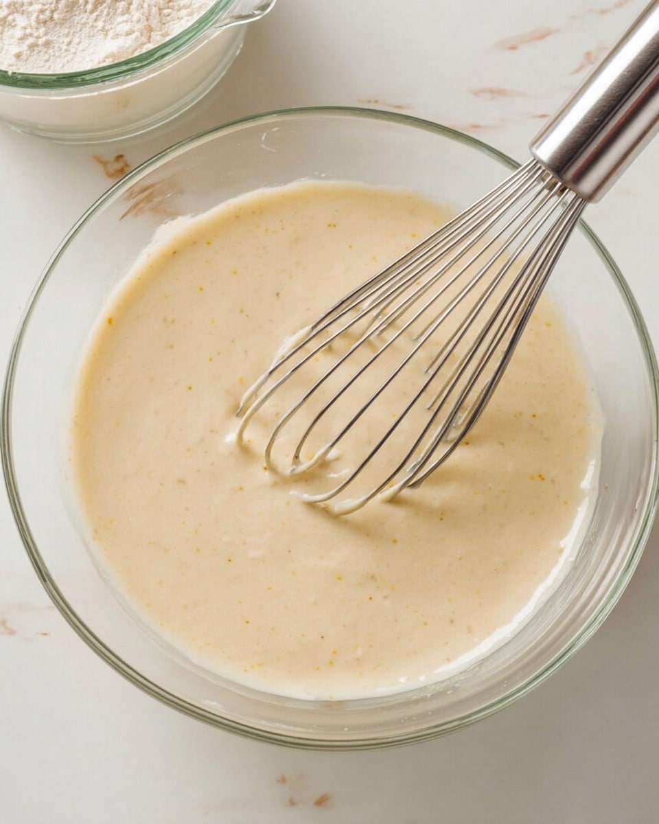 A clear glass bowl filled with smooth, light beige batter mixed with small specks, being stirred by a silver metal whisk with thin wires, resting in the middle of the batter. The bowl is placed on a white marbled surface, with a clear container of flour slightly blurred in the background. Photo taken with an iphone --ar 4:5 --v 7