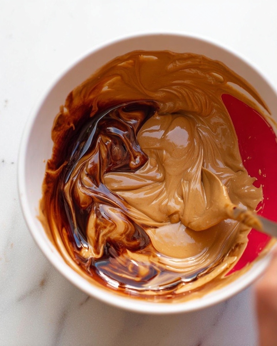 Inside a white bowl with a red inside, there is a thick light brown creamy mixture swirled with a shiny, dark brown liquid. The texture of the light brown part looks smooth and soft with curvy folds and waves, while the dark brown liquid pools around the edges and seeps into the creamy swirls. A woman's hand is stirring the mixture with a spoon on a white marbled surface. photo taken with an iphone --ar 4:5 --v 7
