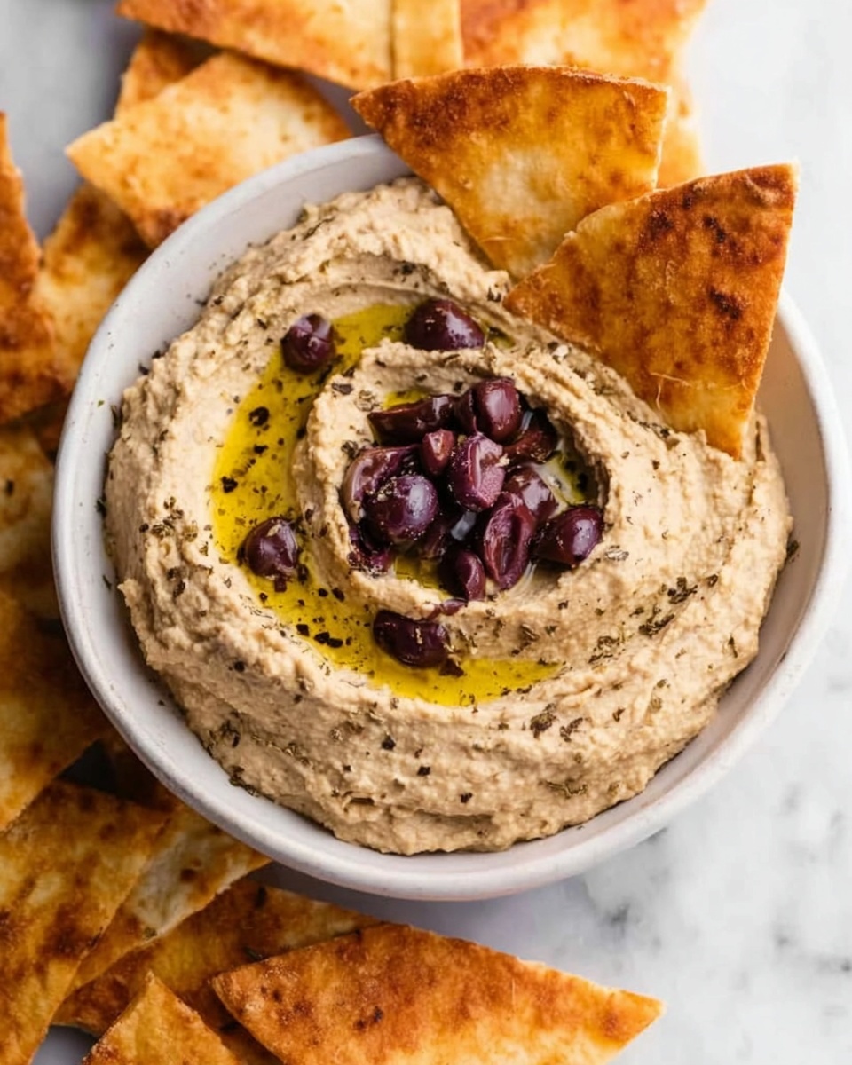 The image shows a white bowl filled with creamy brown hummus, topped with small pieces of dark purple olives and a drizzle of olive oil in the center. The hummus has a slightly rough texture with swirls on its surface. Around the bowl, there are toasted pita chips with a golden-brown color and a slightly crispy texture. The bowl and pita chips are placed on a white marbled surface. Photo taken with an iphone --ar 4:5 --v 7