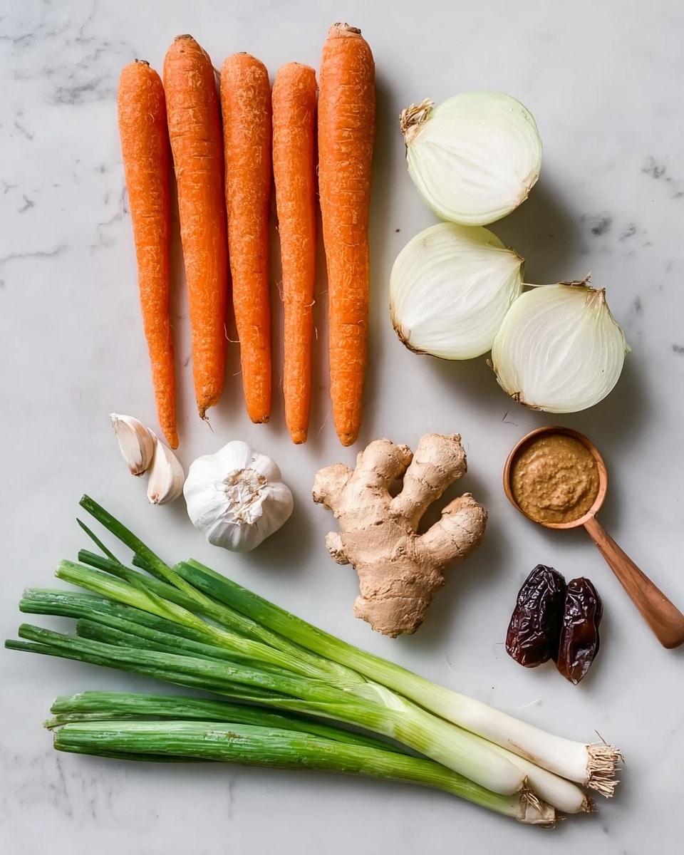 A white marbled surface holds a group of bright orange carrots arranged in two rows at the top left. Below and to the right, there are two halves of a white onion with some brown edges near the roots. Below the onion, a piece of fresh light brown ginger root sits in the center. To the left of the ginger, there is a small white garlic bulb with a few cloves visible. Moving down to the bottom left, there is a bunch of fresh green spring onions laid horizontally. To the right of the spring onions, there is a wooden spoon holding a light brown paste, and next to it is a small dark brown dried fruit, possibly a date or a prune. Photo taken with an iphone --ar 4:5 --v 7