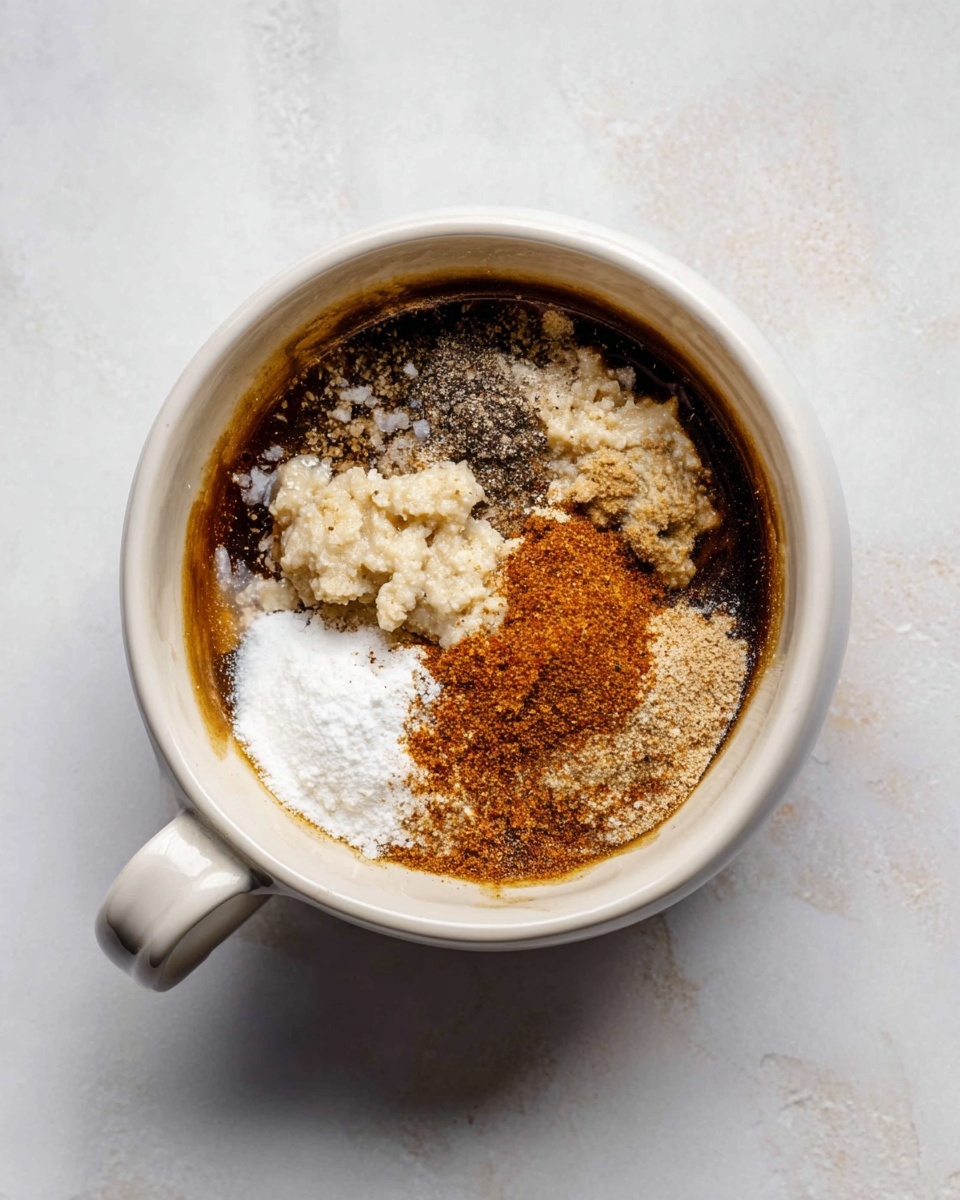 A white ceramic bowl with a handle contains five different layers of ingredients visible from above: a dark brown liquid layer covers the bottom, topped by a mix of light beige and off-white chunky pastes, a small pile of fine white powder, and a reddish-brown spice dusted over part of the surface, creating a textured and colorful mix. The bowl sits on a white marbled textured surface. photo taken with an iphone --ar 4:5 --v 7
