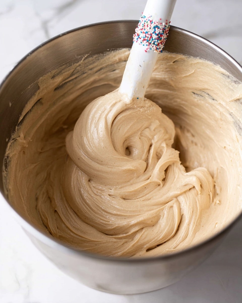 The image shows a close-up of a large stainless steel mixing bowl filled with a thick, light brown batter. The batter has a smooth and creamy texture with swirls and peaks formed by stirring. A white spatula with colorful sprinkles on the handle is partially submerged in the batter, lifting some of it slightly above the surface. The background features a white marbled texture that adds a clean and bright atmosphere to the scene. photo taken with an iphone --ar 4:5 --v 7