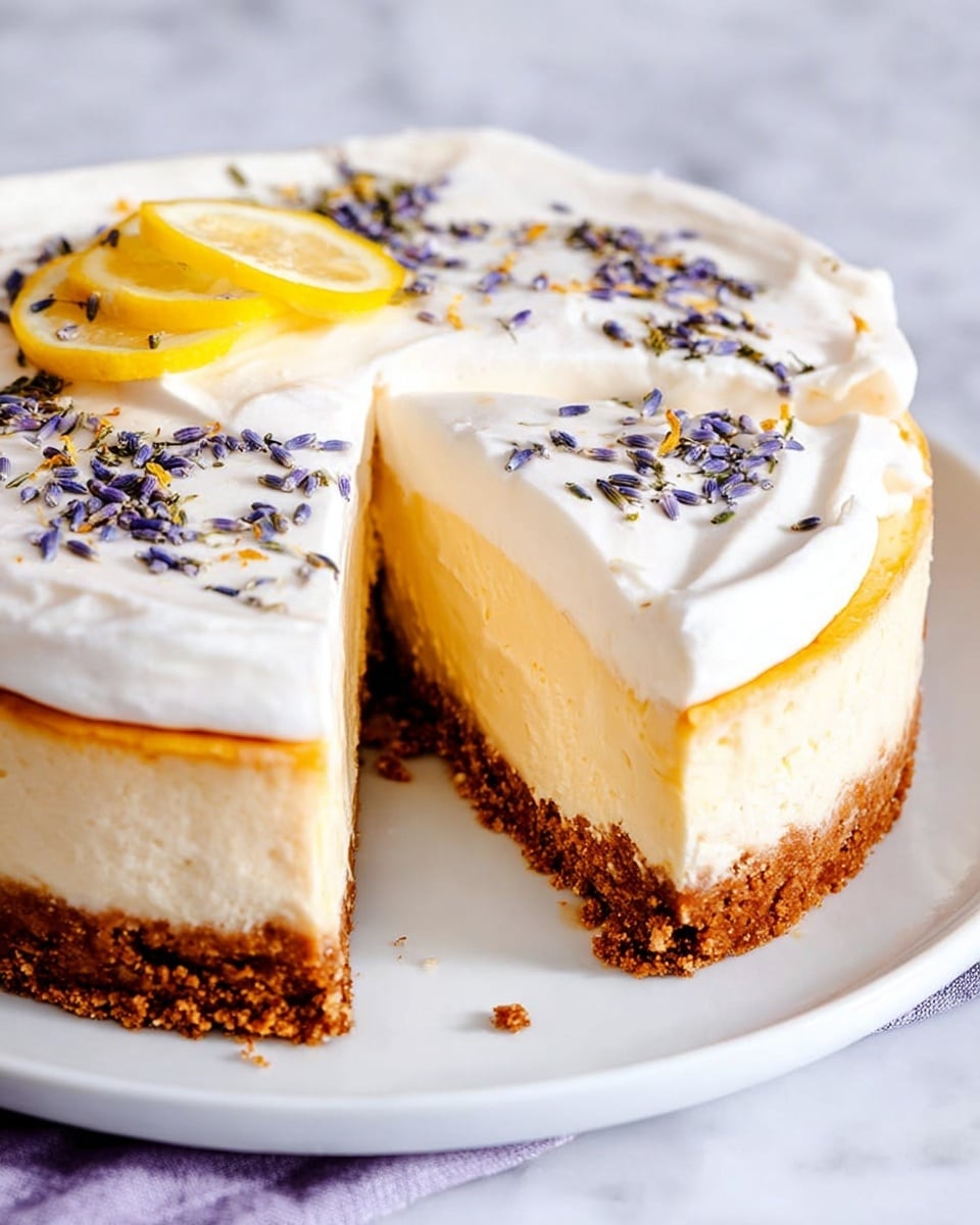 A cheesecake with three visible layers sits on a white plate placed on a white marbled texture surface. The bottom layer is a dense, crumbly brown crust. The thick middle layer is creamy and light yellow, showing a smooth texture with a golden edge near the top. The top layer is a thick, smooth white whipped cream covering the whole cake, sprinkled with small purple lavender petals. A thin lemon wedge is placed on the top edge of the cake, adding a bright yellow contrast. One slice is slightly pulled out, revealing the layers clearly. Photo taken with an iphone --ar 4:5 --v 7
