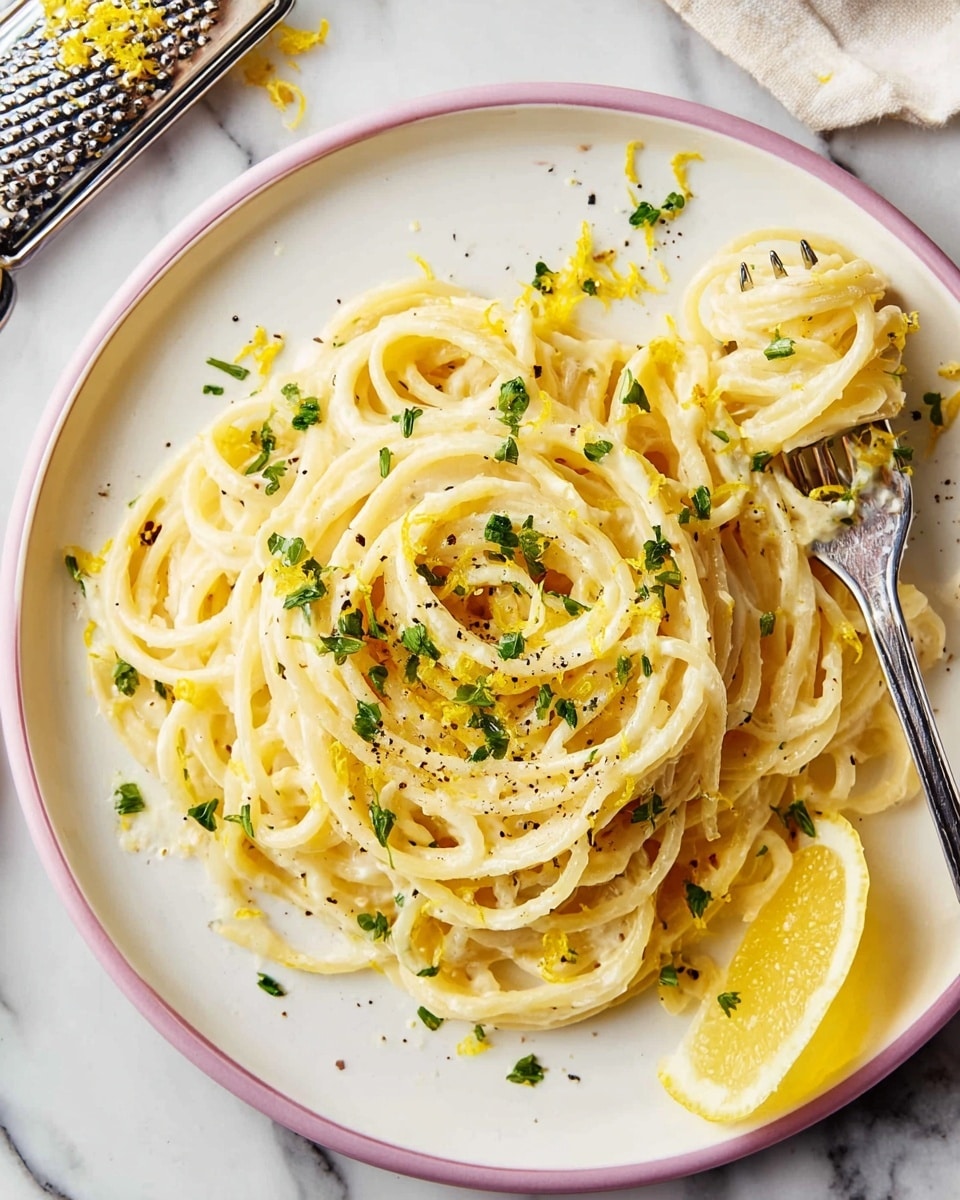 A plate of spaghetti pasta layered with creamy light yellow sauce, topped with finely chopped green herbs and small black pepper specks scattered evenly over. The noodles are intertwined and creamy, with a fork twirling a few strands of pasta on the right side of the white plate. There are small bits of bright yellow lemon zest sprinkled over the dish, adding a fresh look. A slice of lemon rests at the bottom right edge of the plate. The setup is on a white marbled surface, with a silver fork partially visible and a grater with lemon zest in the background. Photo taken with an iphone --ar 4:5 --v 7