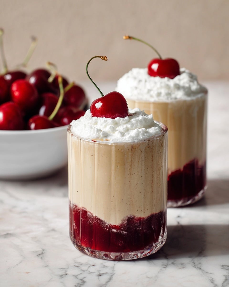 The image shows two clear glasses filled with a three-layer drink placed on a white marbled surface. The bottom layer is a thick, dark red cherry mixture with a slightly uneven texture. Above it is a creamy, light beige layer that blends softly into the cherry base. The top layer is a fluffy, white whipped cream topping that rises slightly over the glass rim. Each drink is decorated with a single shiny, red cherry with a green stem resting on the whipped cream. In the background, there is a white bowl filled with more red cherries. Photo taken with an iphone --ar 4:5 --v 7