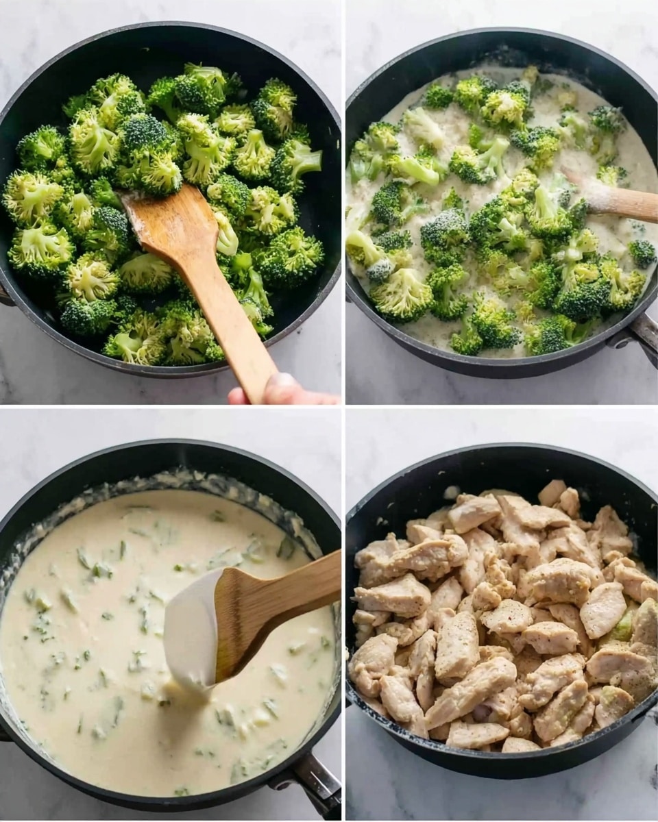 The image is divided into four smaller pictures showing the cooking process. The first picture shows many small, bright green broccoli pieces in a black pan with a woman's hand holding a light wooden spatula over a white marbled surface. The second shows a creamy white sauce with green specks in the same pan on a white marbled surface. The third picture shows the broccoli added into the white sauce in the black pan. The fourth picture shows cooked pieces of light brown chicken placed on top of the broccoli and sauce in the black pan. photo taken with an iphone --ar 4:5 --v 7