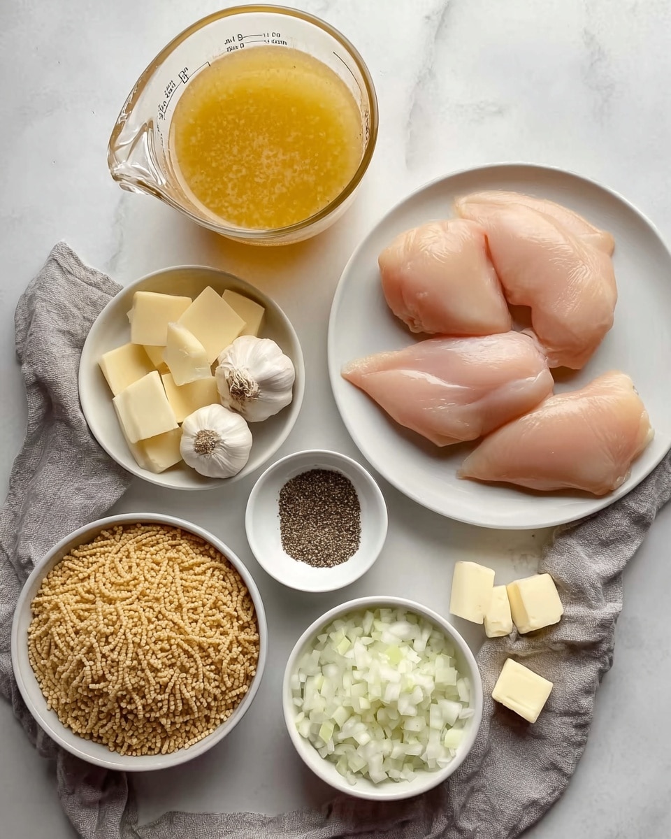 The image shows a collection of cooking ingredients arranged neatly on a white marbled surface. At the top right, there is a white plate holding four pieces of raw chicken, pale pink in color and smooth in texture. Above the plate is a clear glass measuring cup filled with a light orange-yellow broth. Below the measuring cup, there is a small white bowl with a dark pile of black pepper. To the left of the pepper, three whole garlic cloves rest on the surface. Below them, a white bowl contains uncooked light brown noodles arranged loosely. To the bottom left, a small plate holds pale yellow slices of cheese. At the bottom right, a white bowl is filled with chopped white onions. Near the onions, two small pieces of white butter rest directly on the marbled surface. A slightly wrinkled gray cloth is laid near the bowls. The photo is taken with an iphone --ar 4:5 --v 7